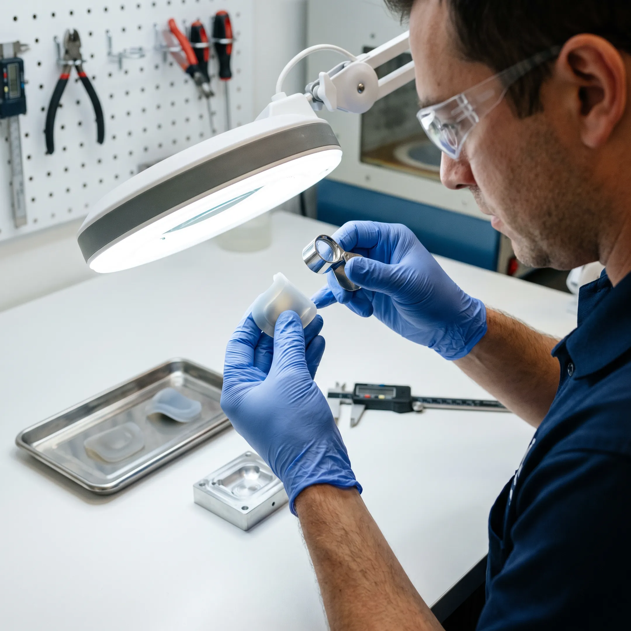 Technician inspecting a precision medical silicone component