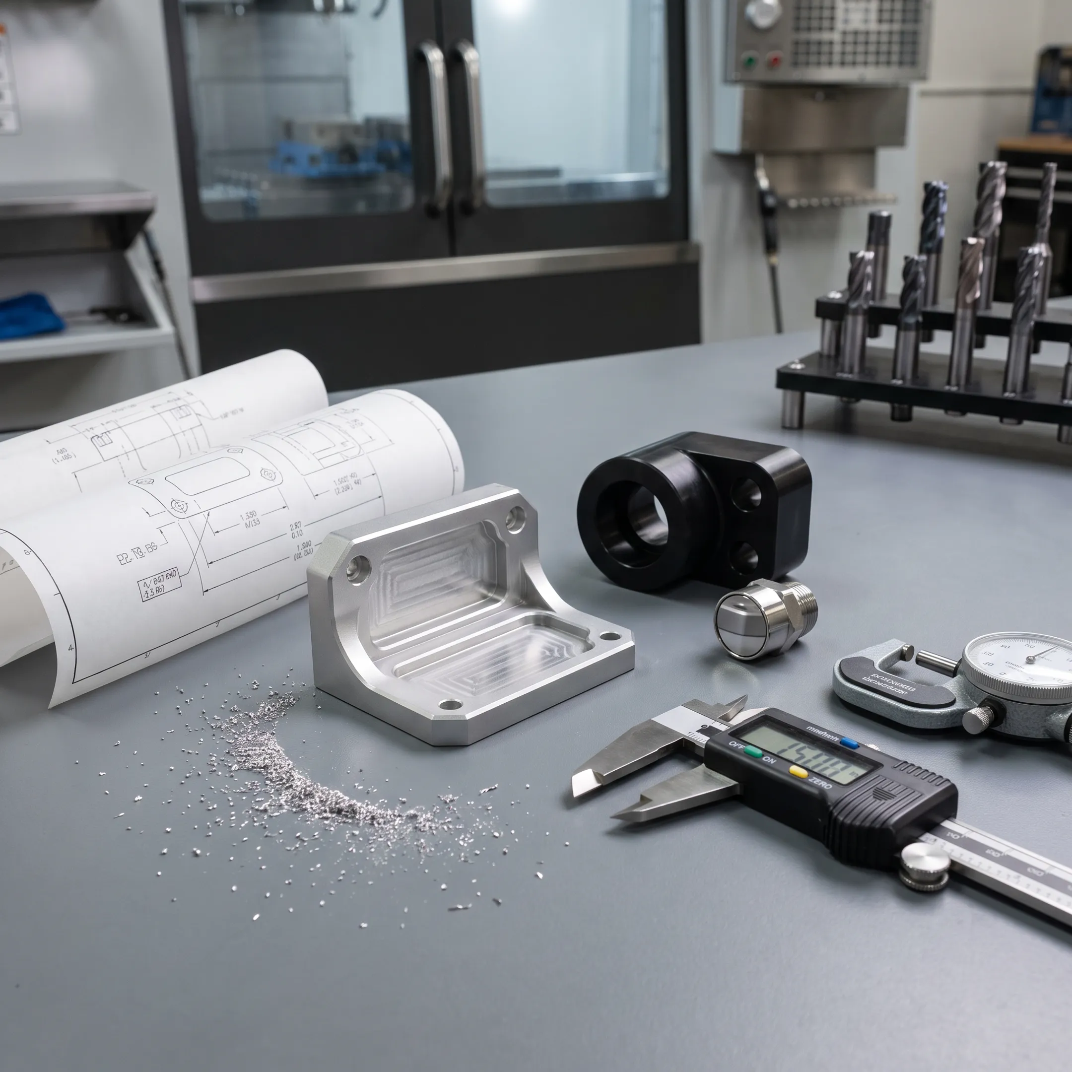Precision machined production parts on a workbench