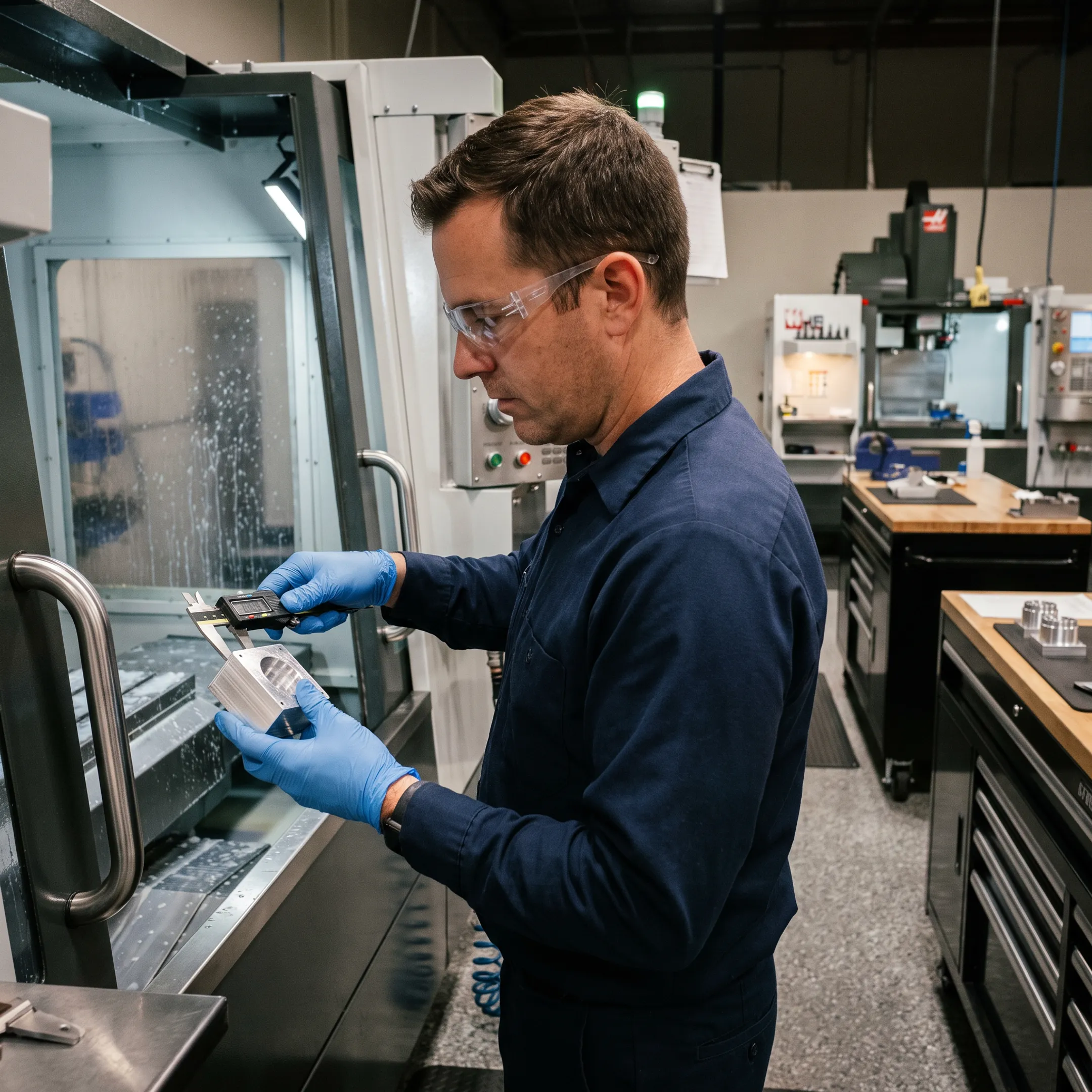 Machinist inspecting a precision CNC-machined component