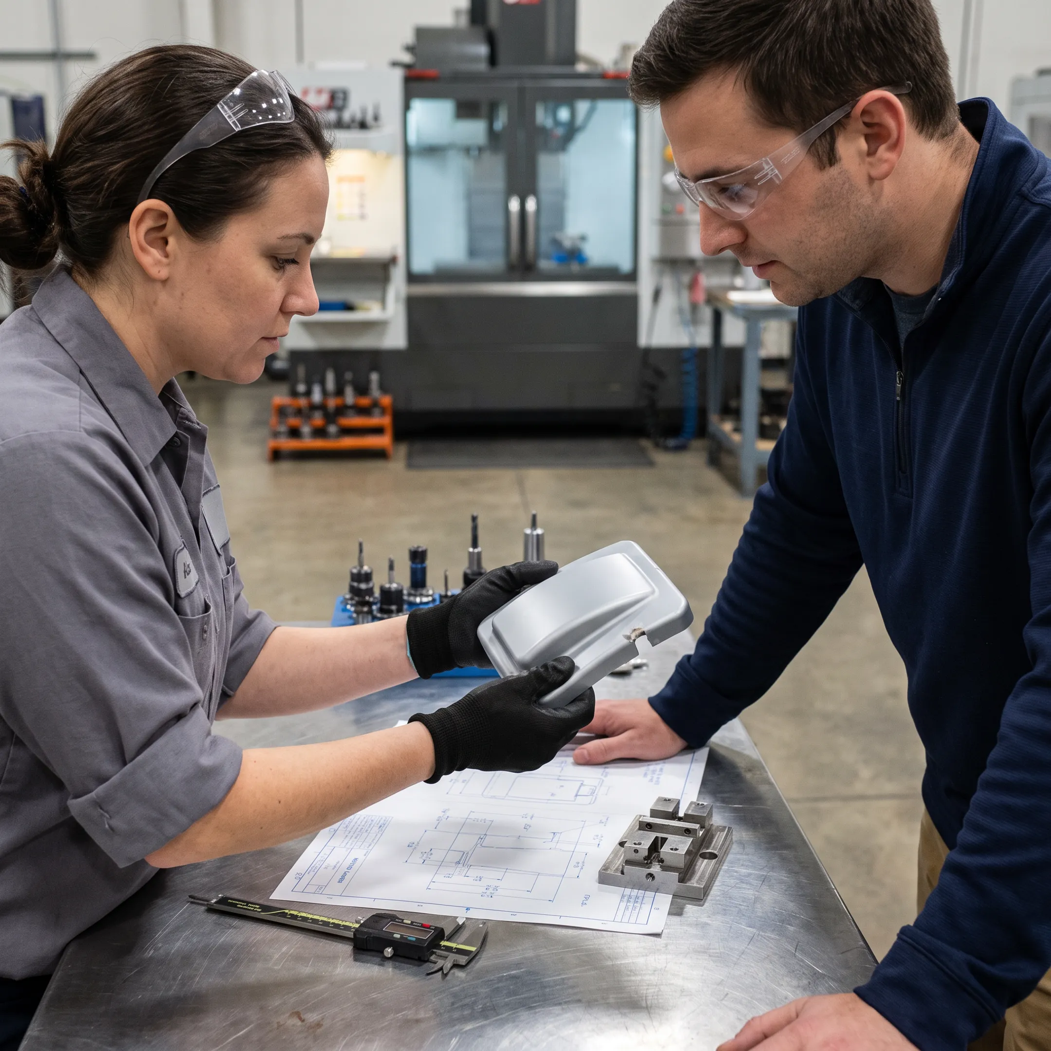 Engineers reviewing molded plastic part design