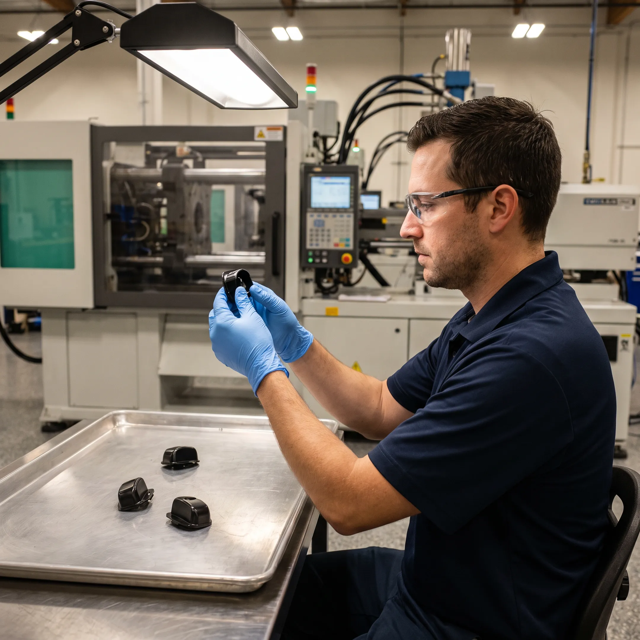 Technician inspecting molded plastic components