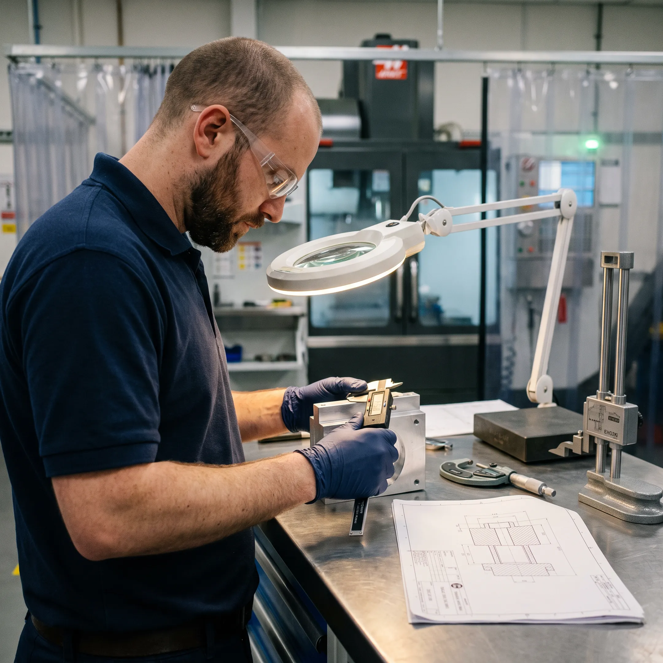 Engineer inspecting a freshly machined component