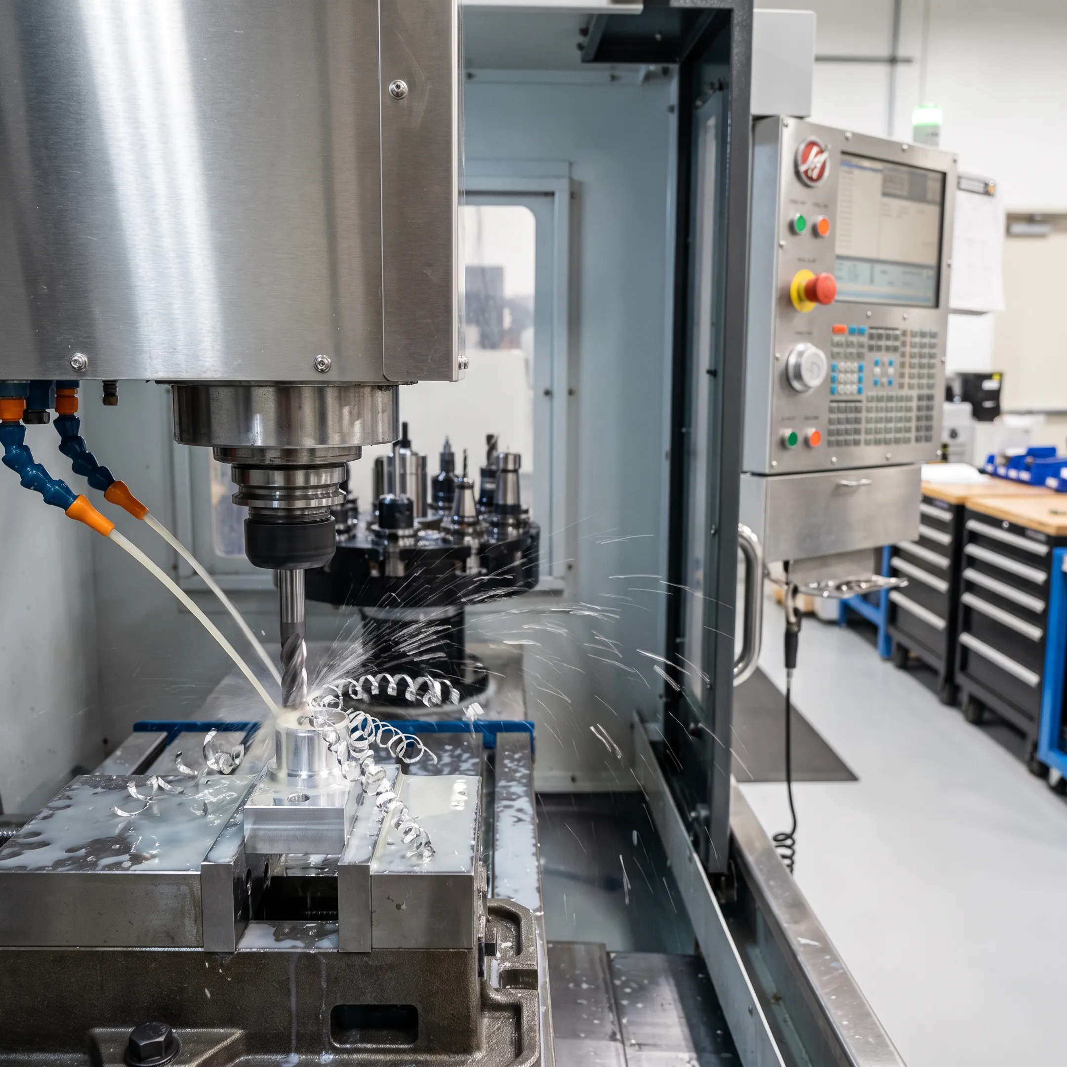 CNC machine producing a precision metal component