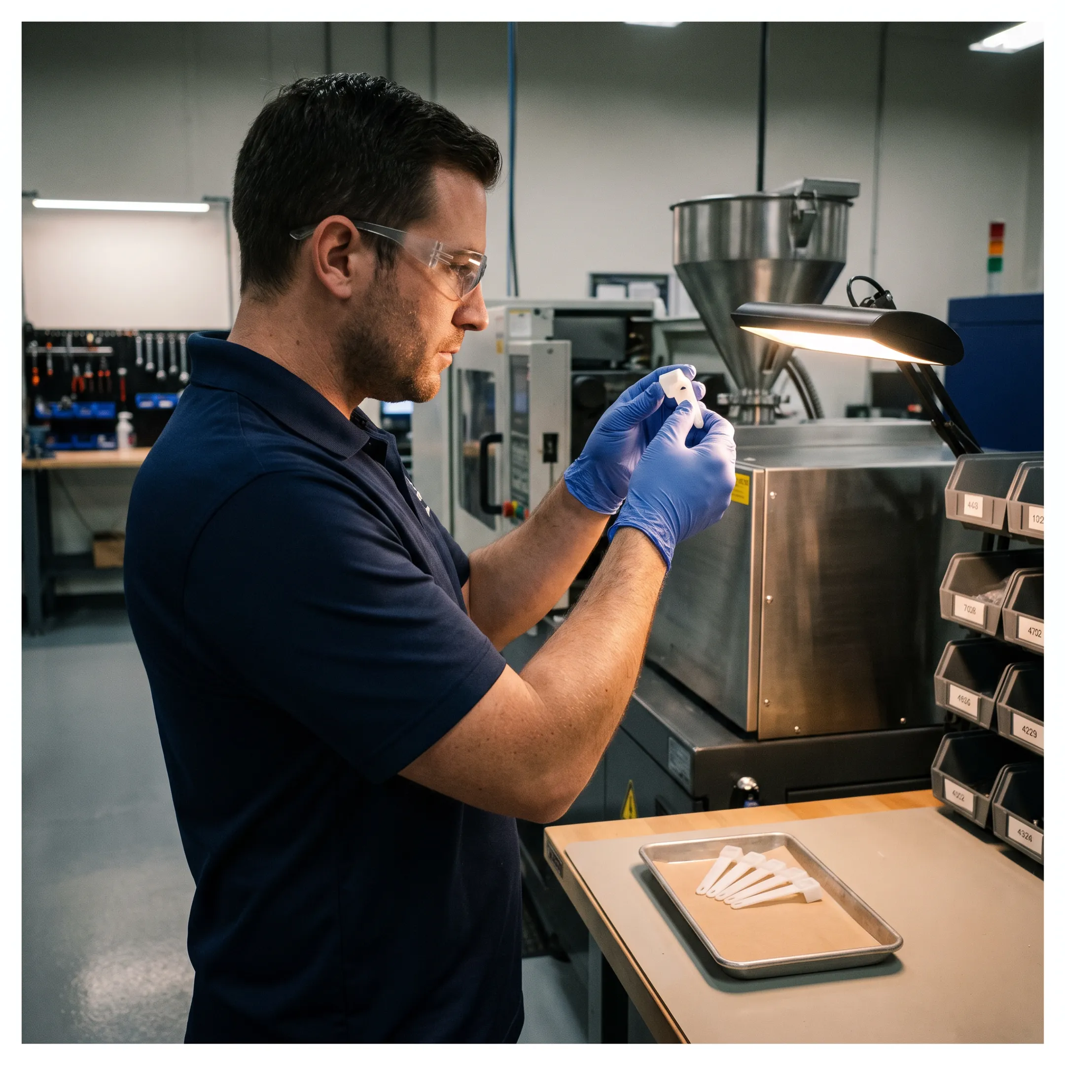 Plastic injection molding technician inspecting molded components