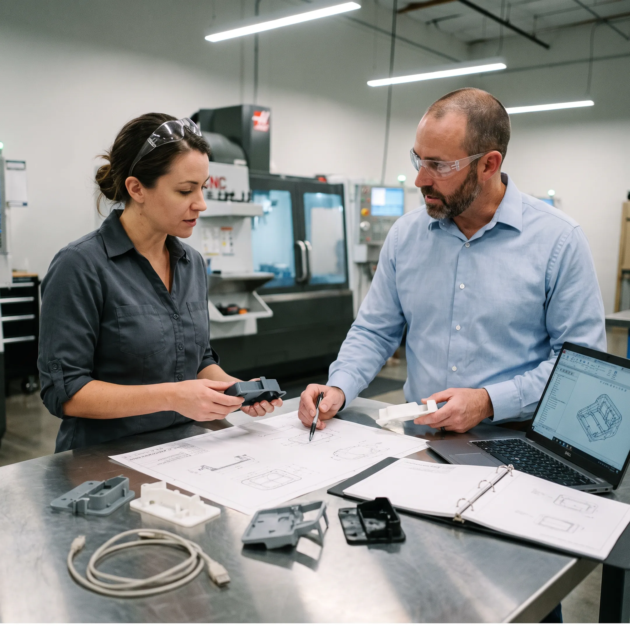 Engineers reviewing molded plastic parts and CAD model