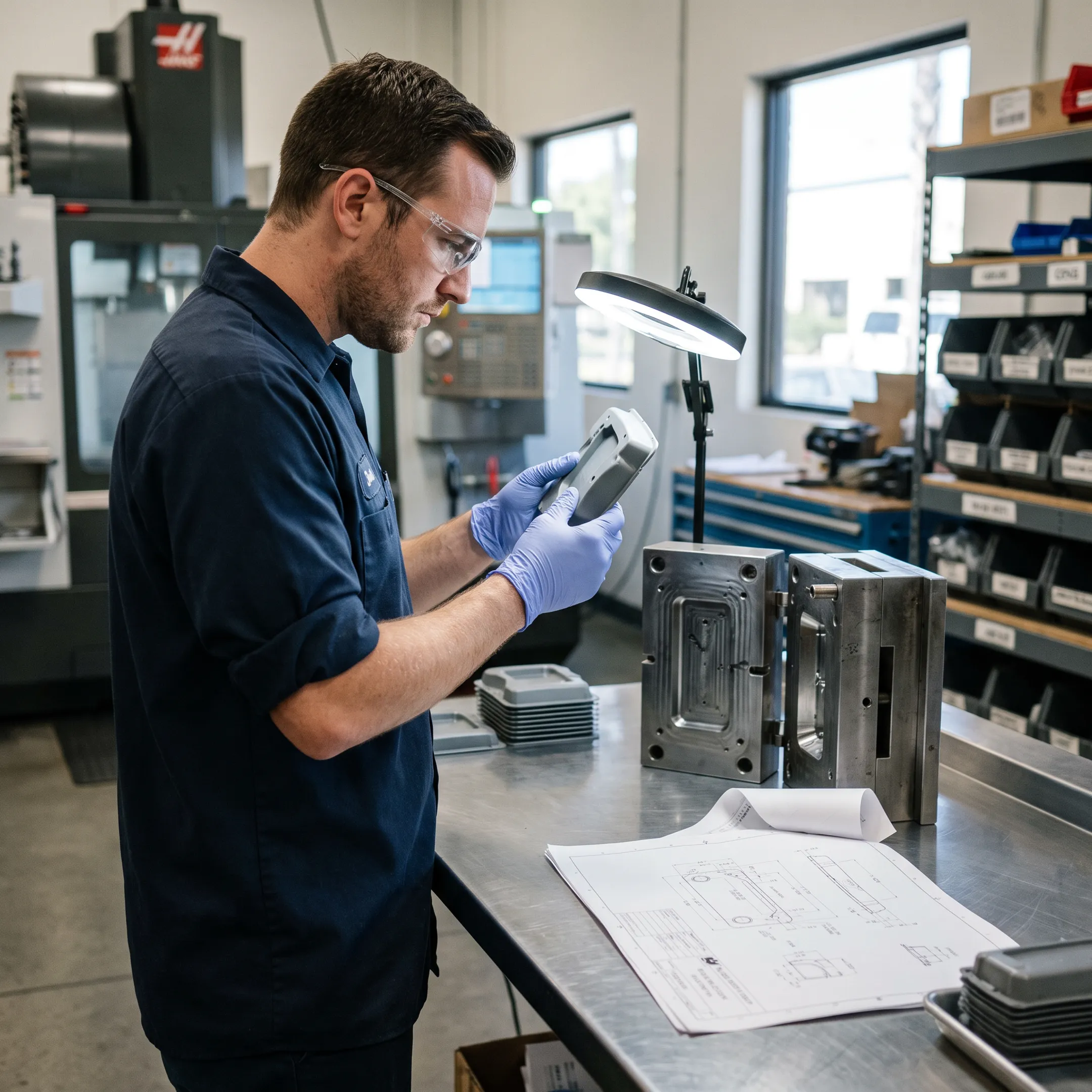Engineer reviewing molded plastic parts and tooling