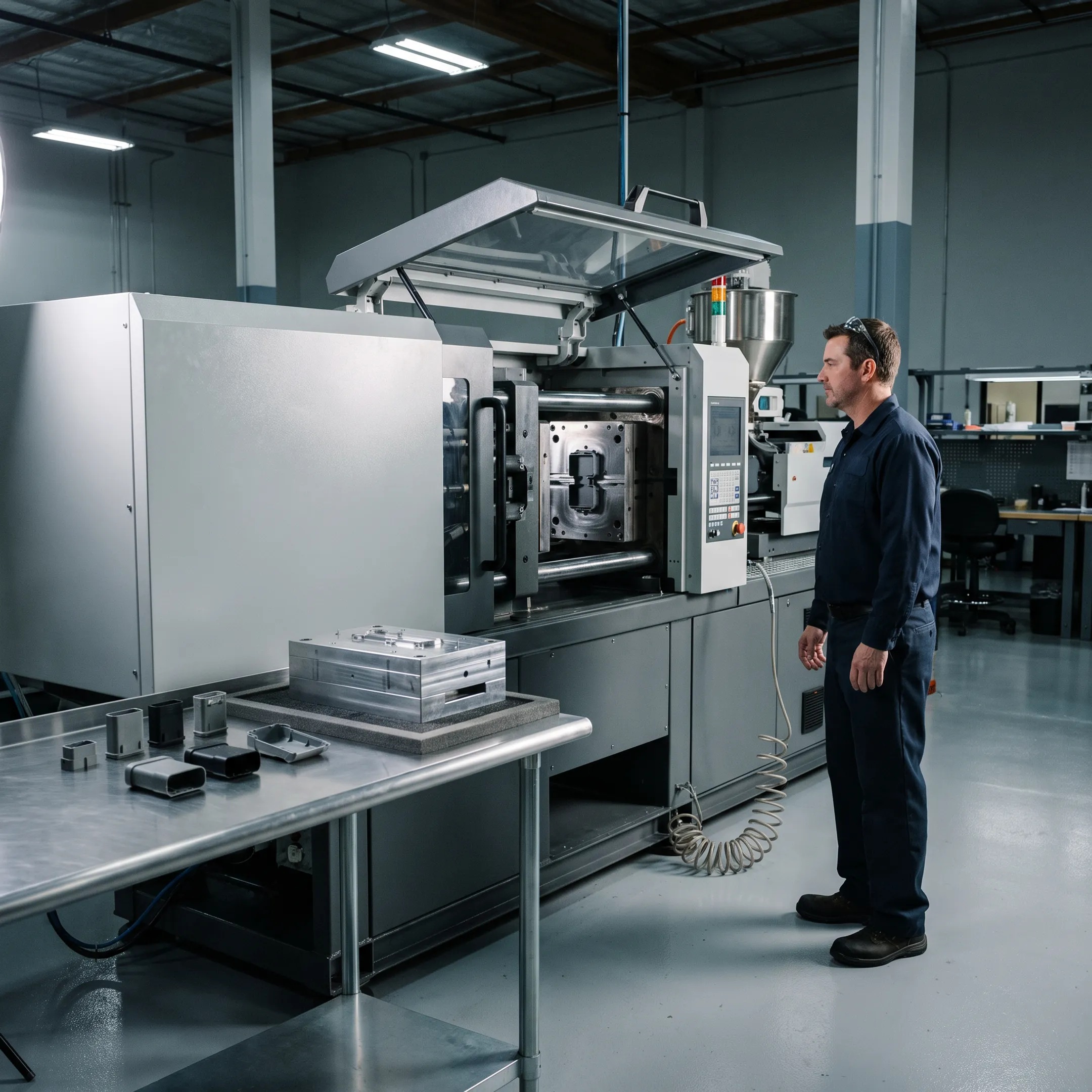 Plastic injection molding machine producing precision components