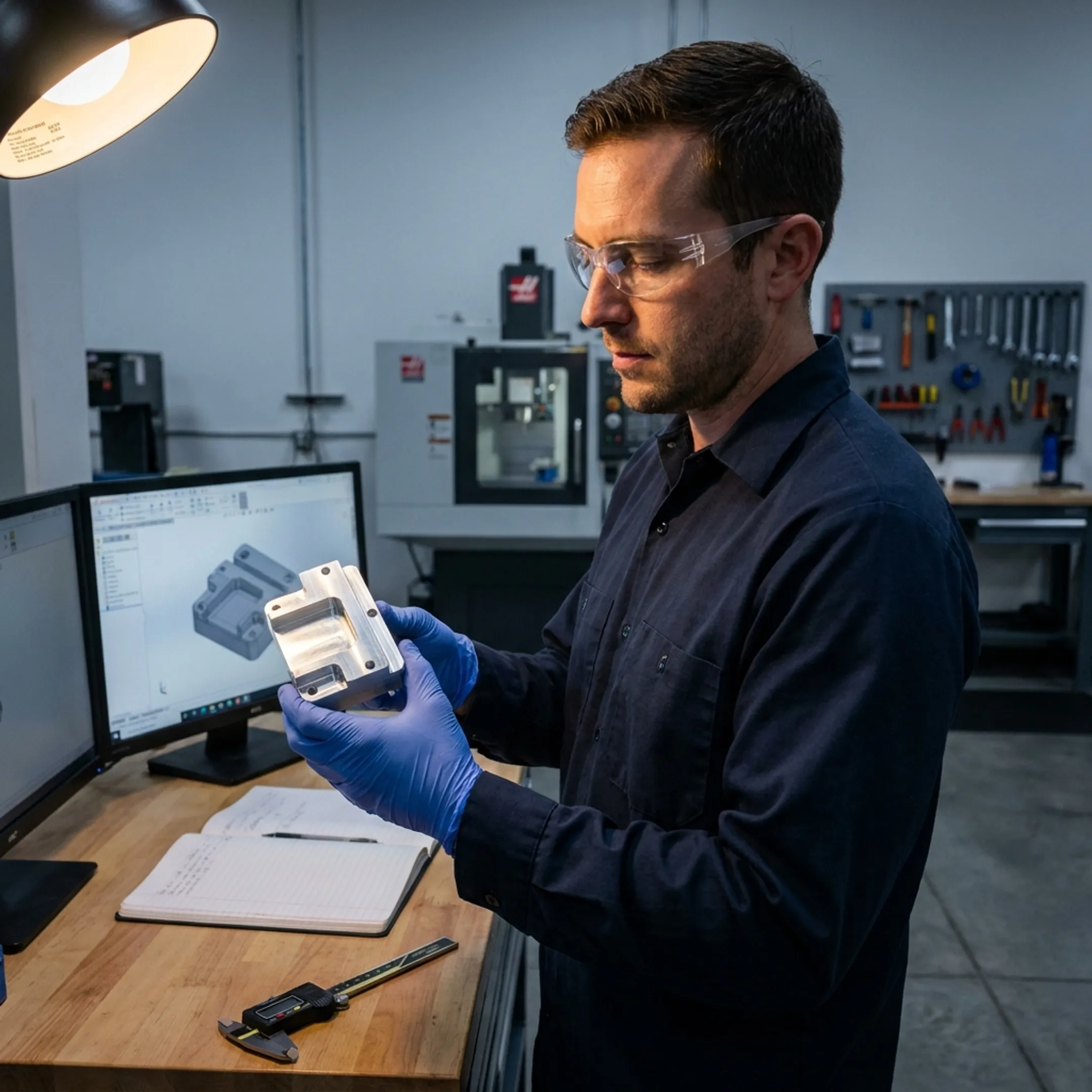 Technician inspecting a custom machined component in a manufacturing workspace