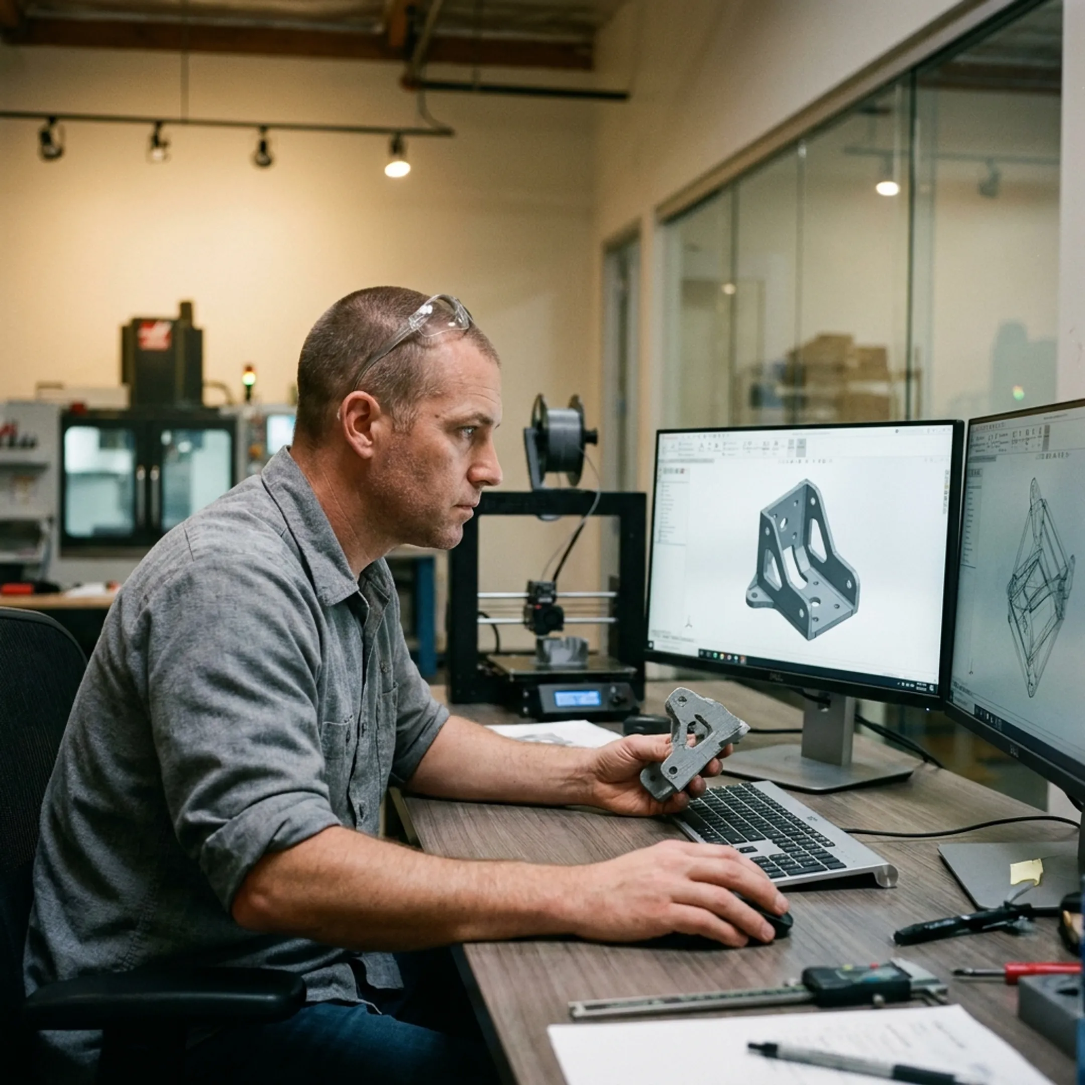 Engineer reviewing a detailed CAD model on a workstation