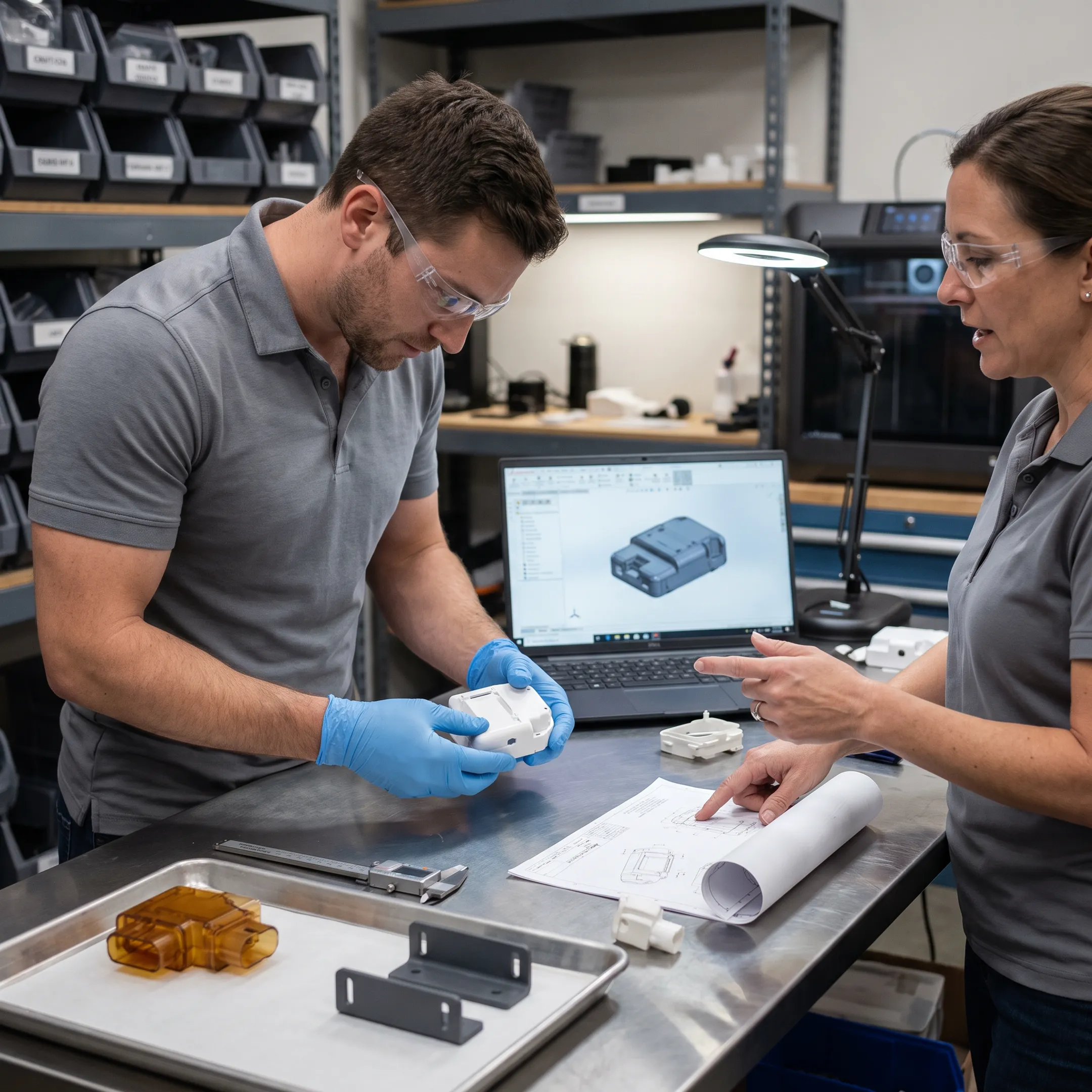 Technician reviewing custom plastic product components