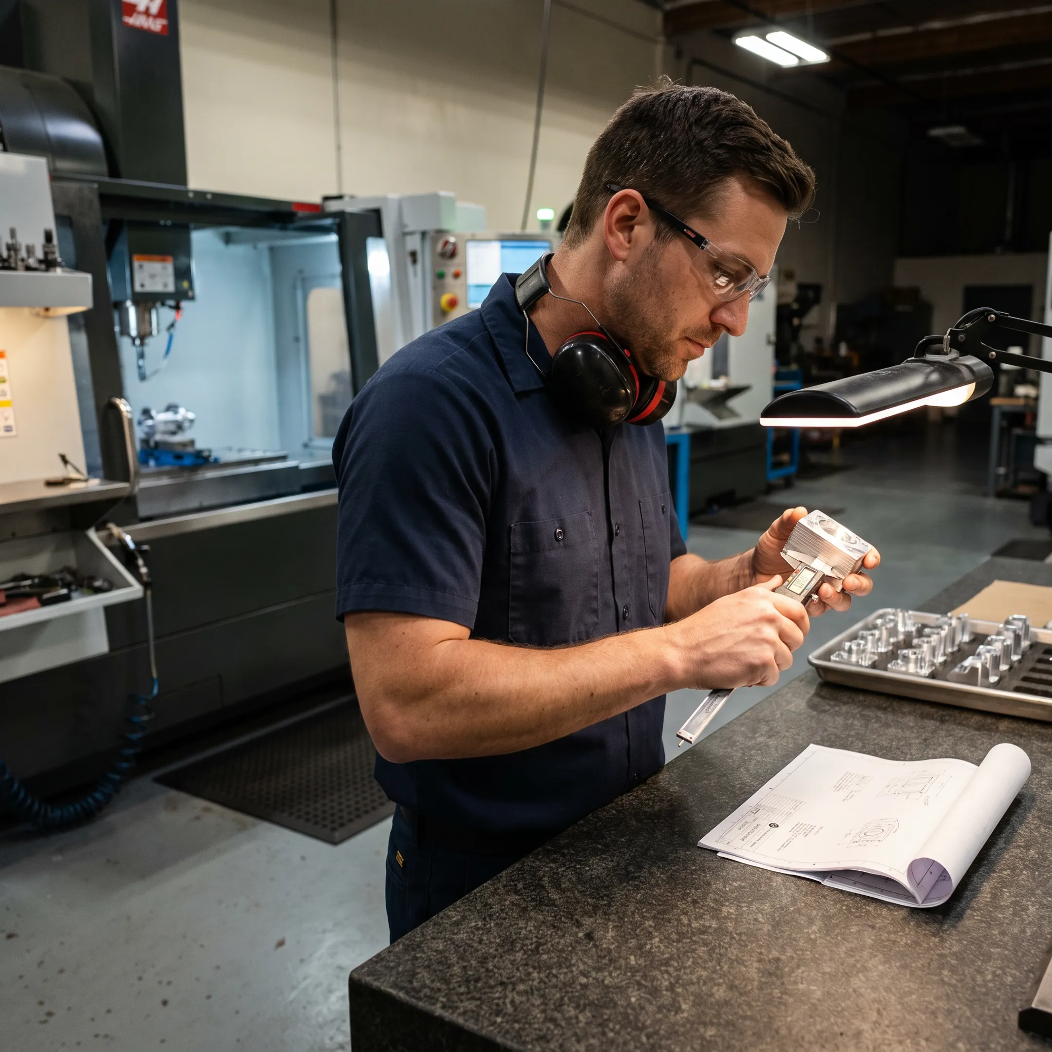 Technician inspecting a machined component