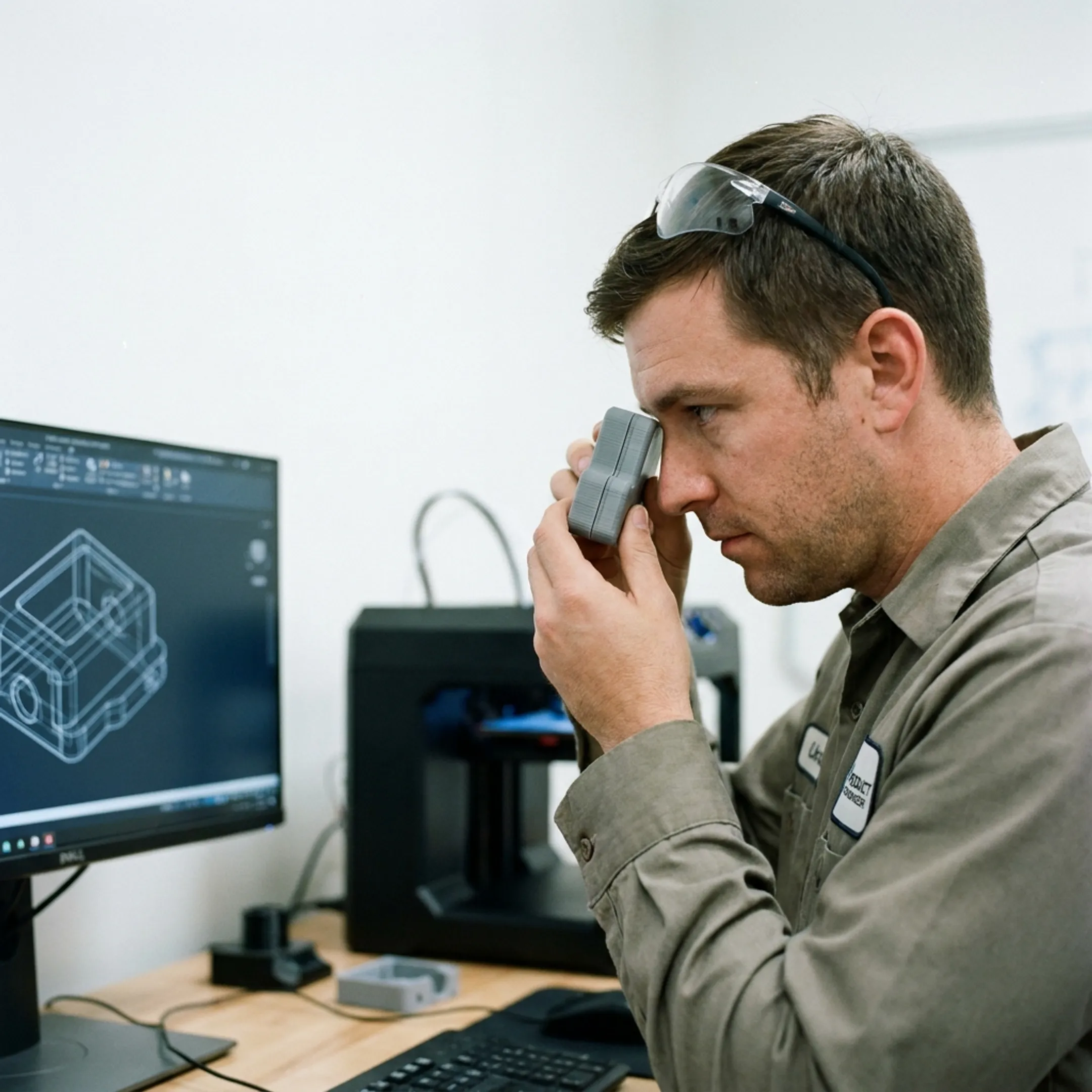 Engineer reviewing a cast prototype with digital design files