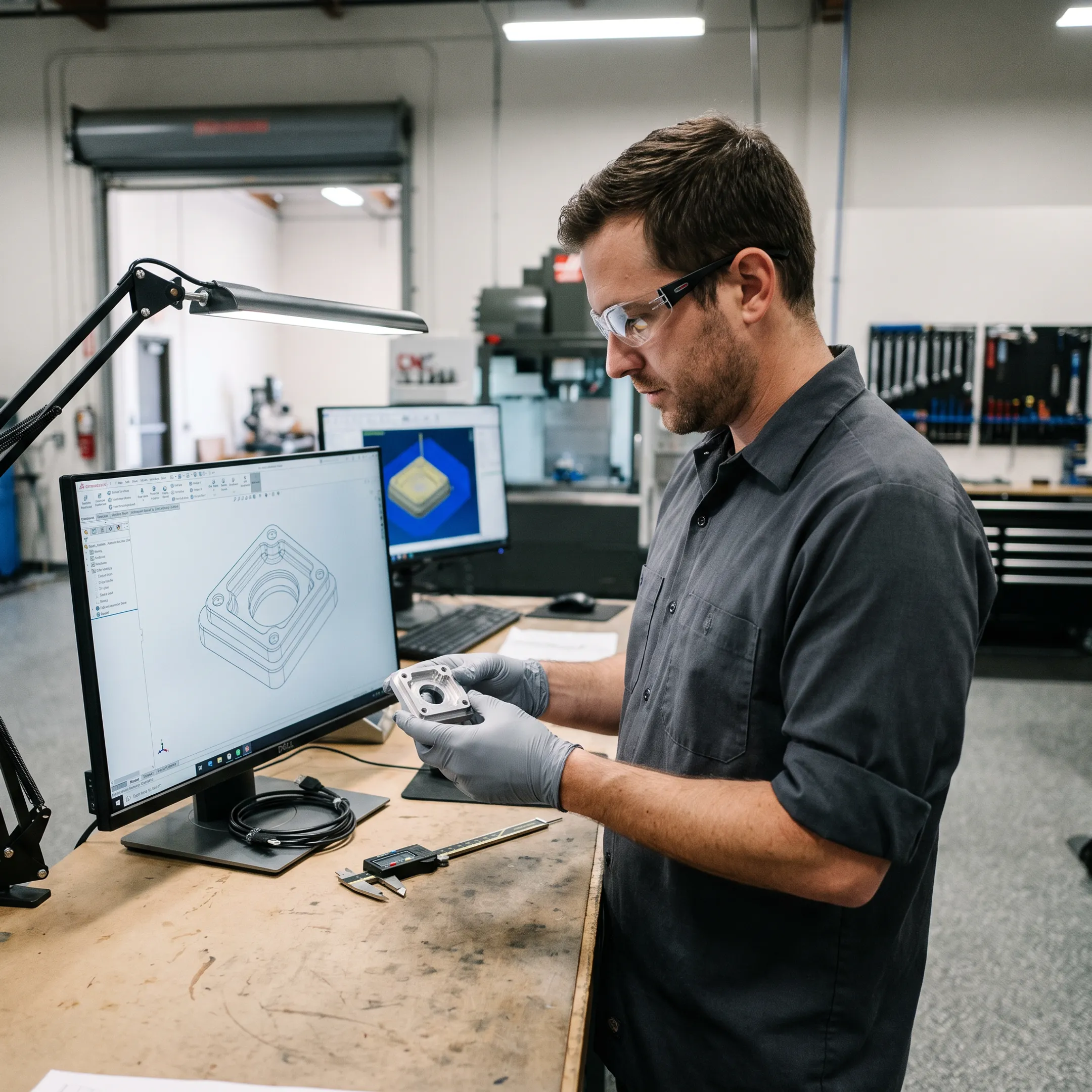 Engineer reviewing a metal component and digital design