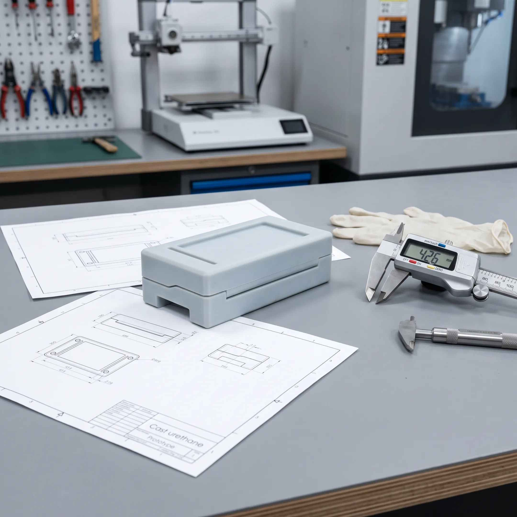 Precision cast component beside CAD model and manufacturing tools
