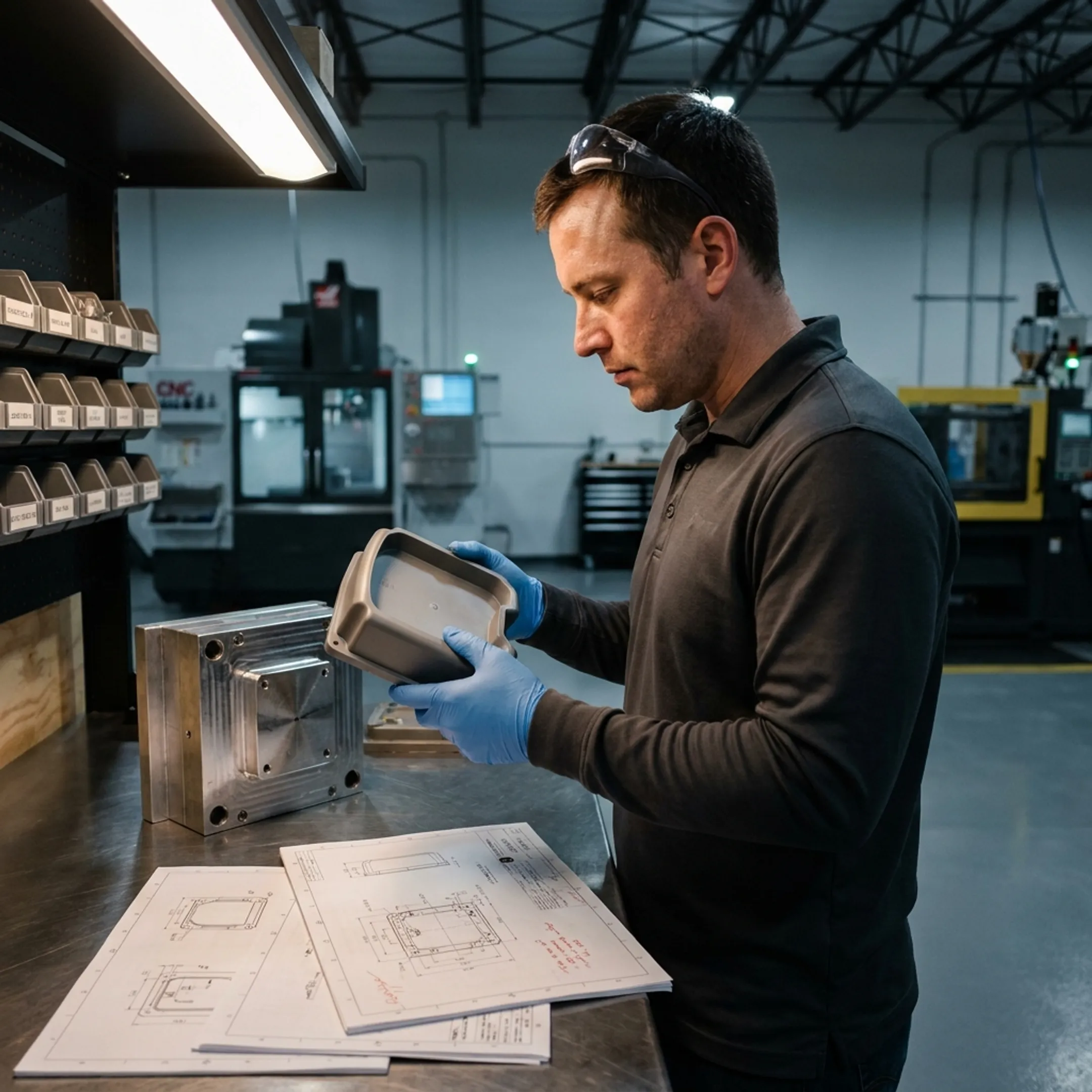Engineer reviewing injection molding production components