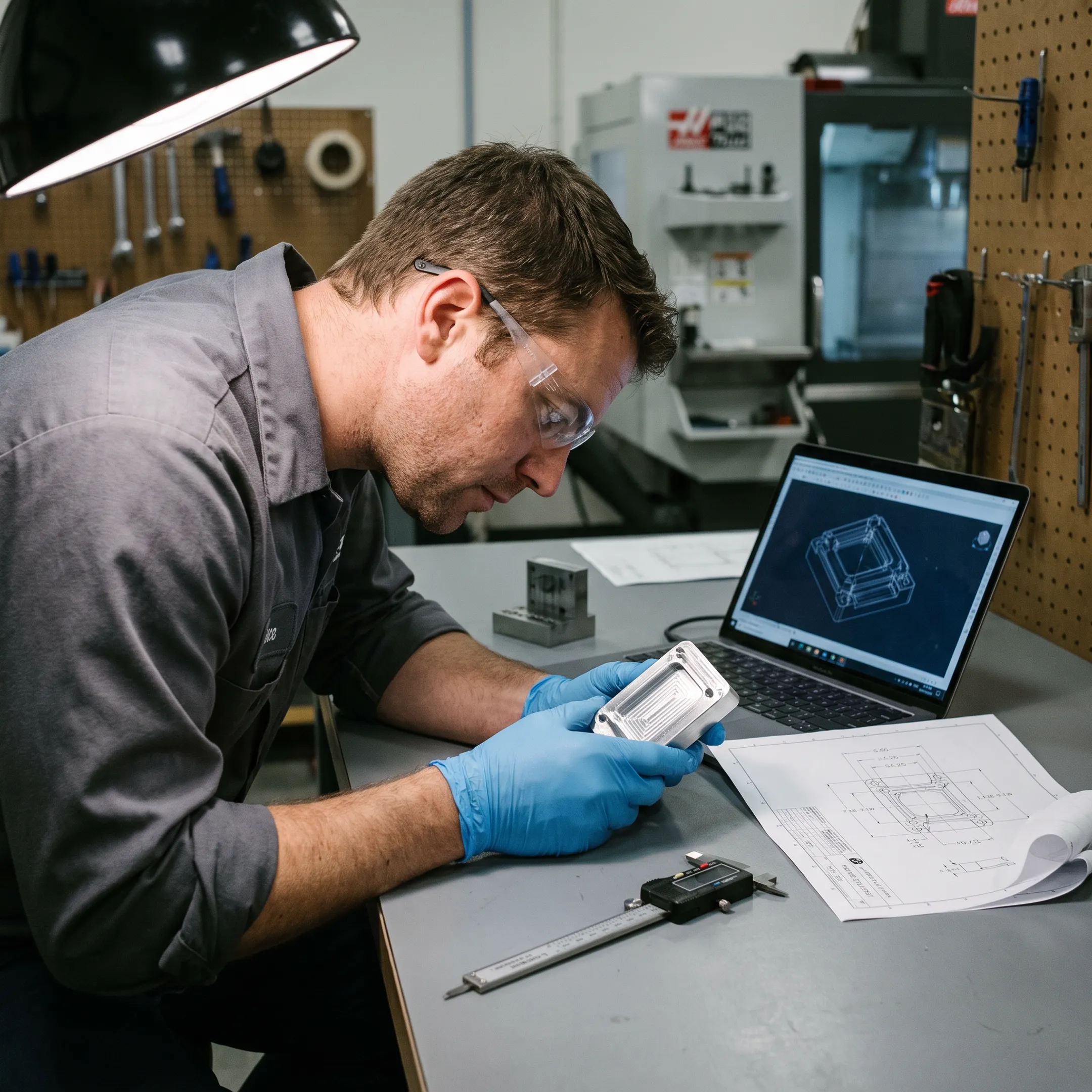 Engineer reviewing a machined metal prototype