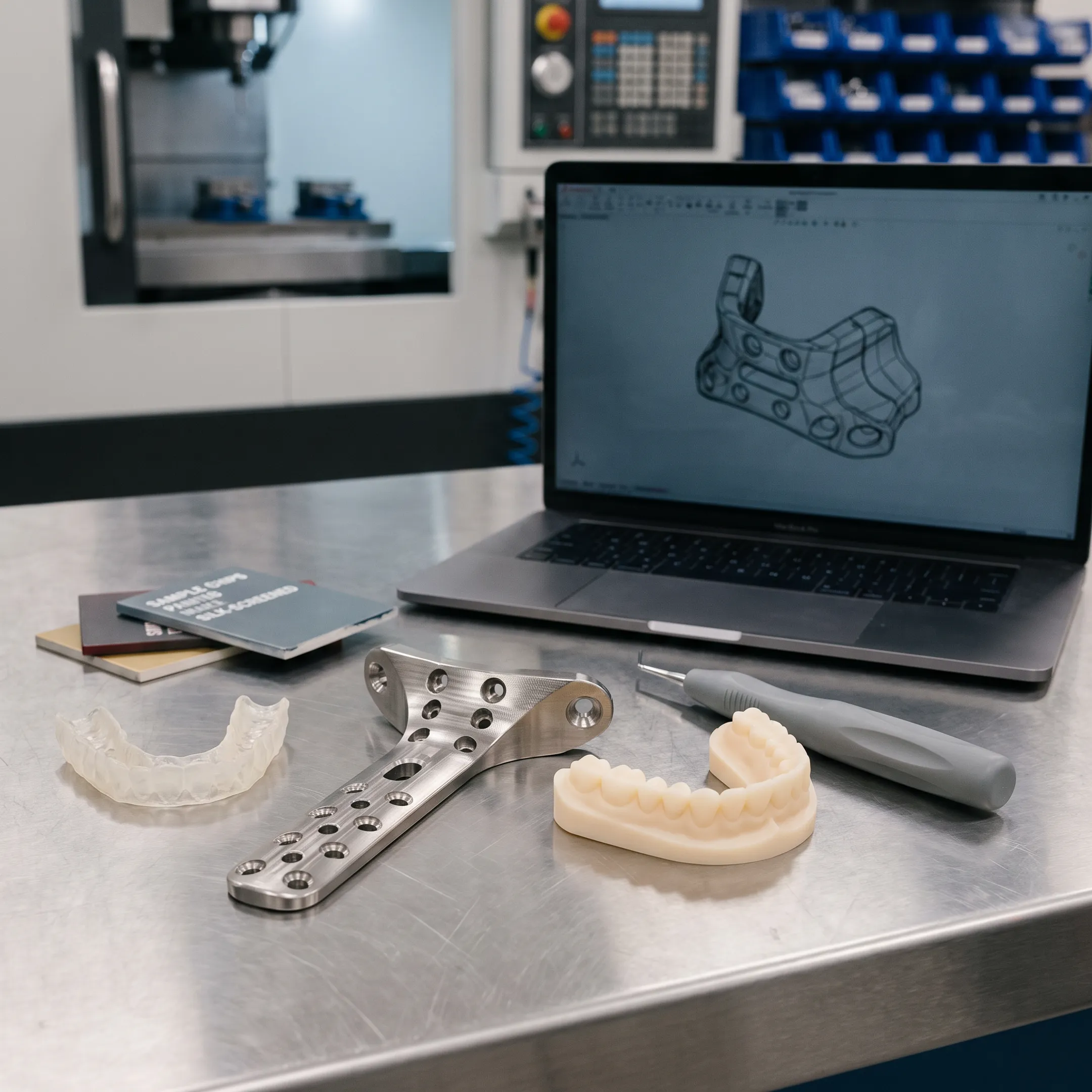 Medical product prototype beside CAD design and manufacturing components