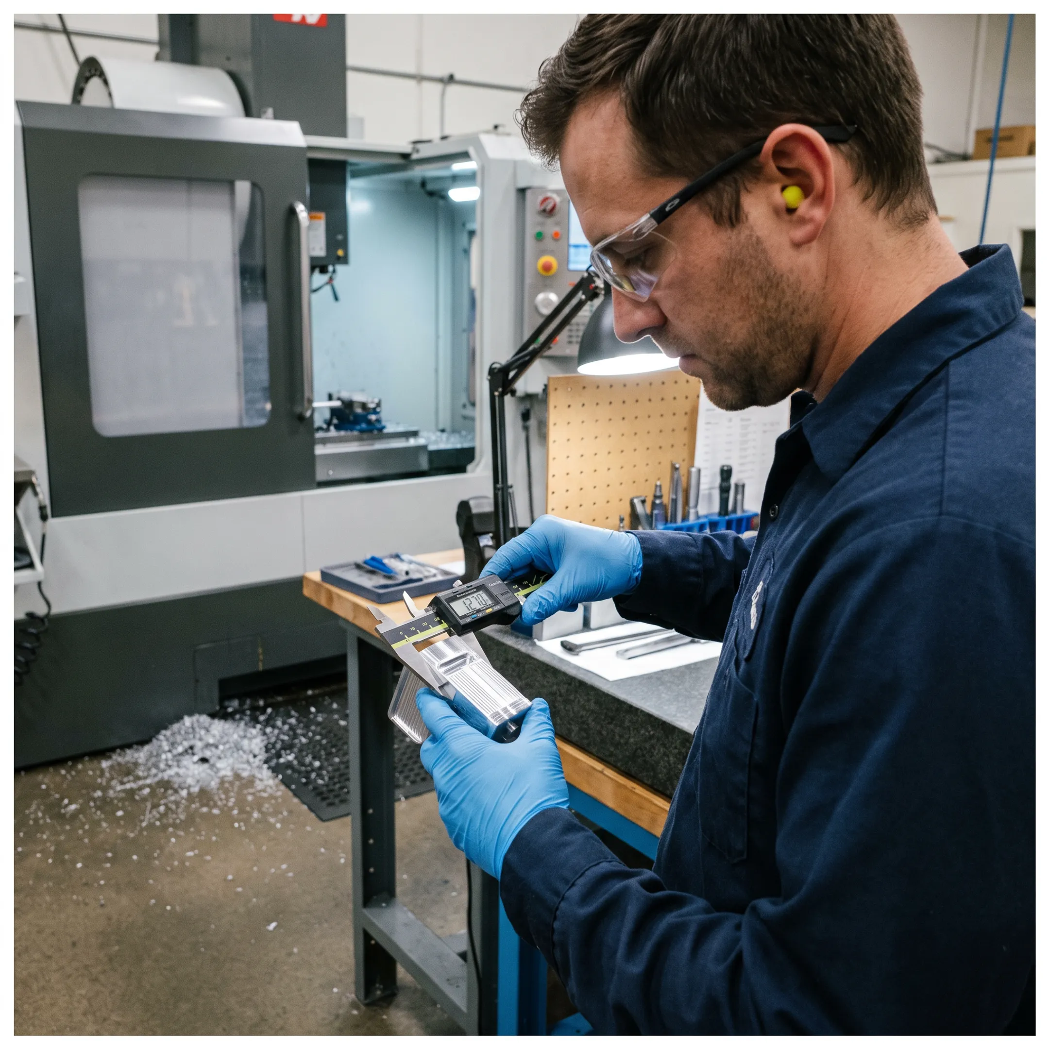 Engineer inspecting a precision machined metal part