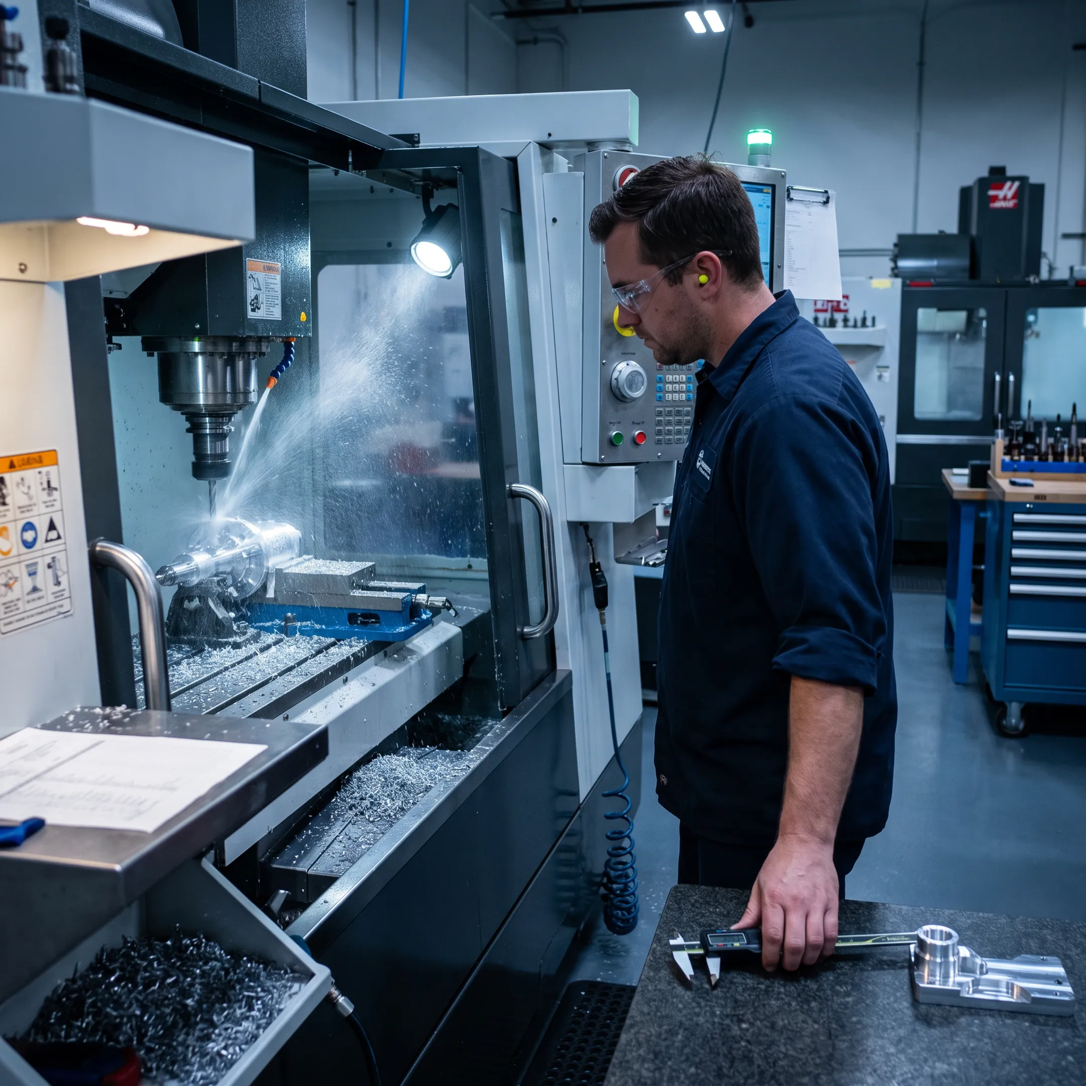 CNC machine producing a precision metal component