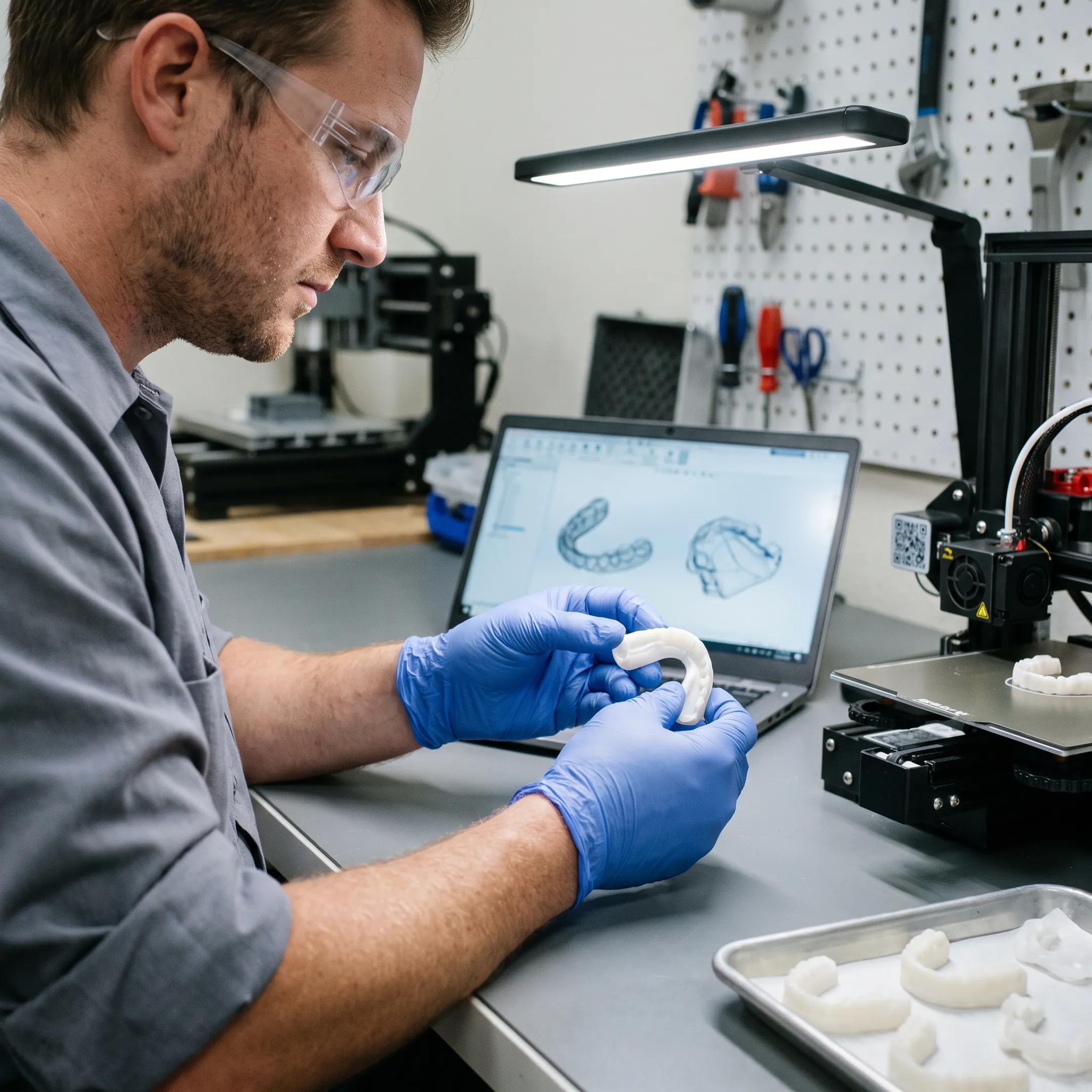 Engineer reviewing a medical plastic prototype beside manufacturing equipment