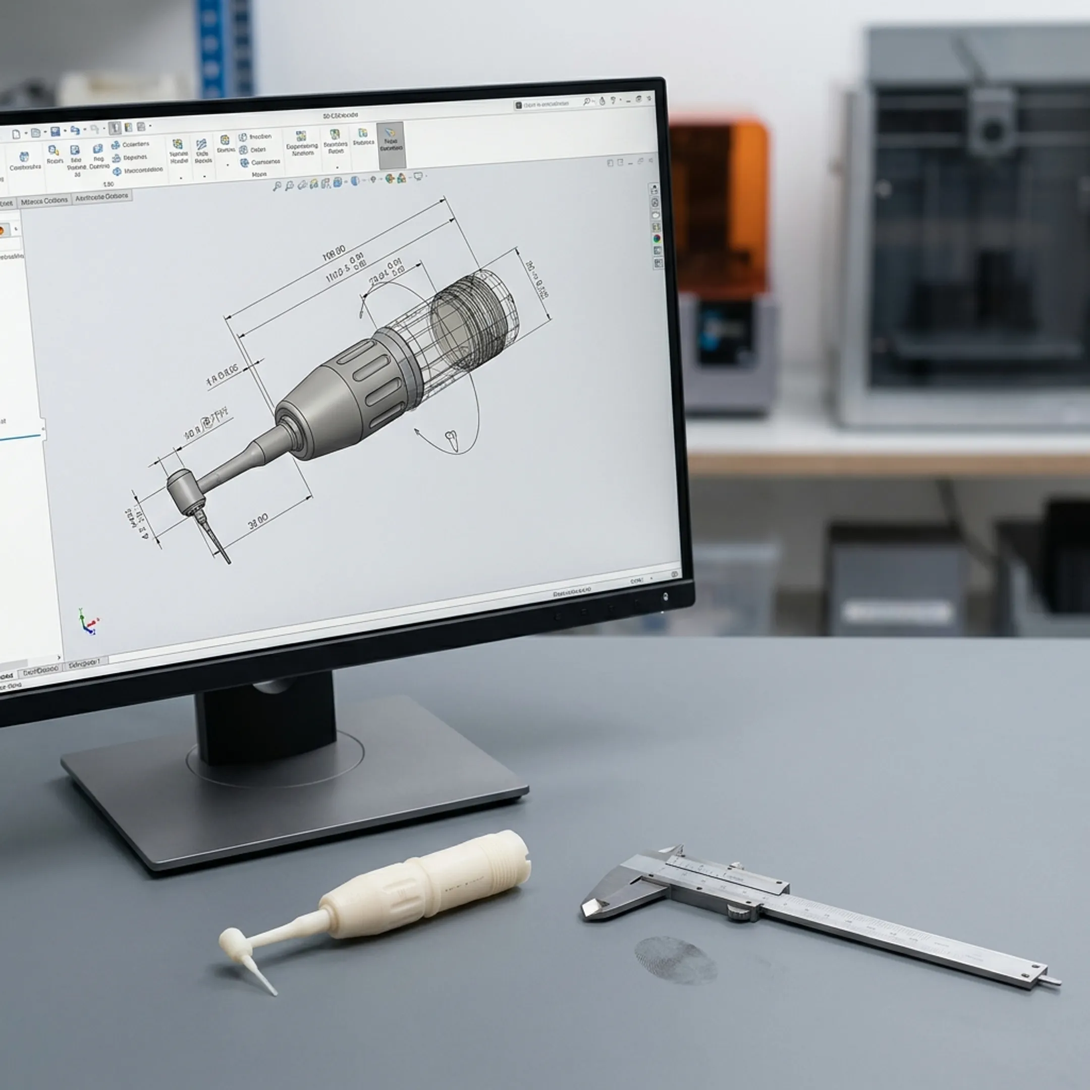 Dental CAD model and prototype component on a design workstation