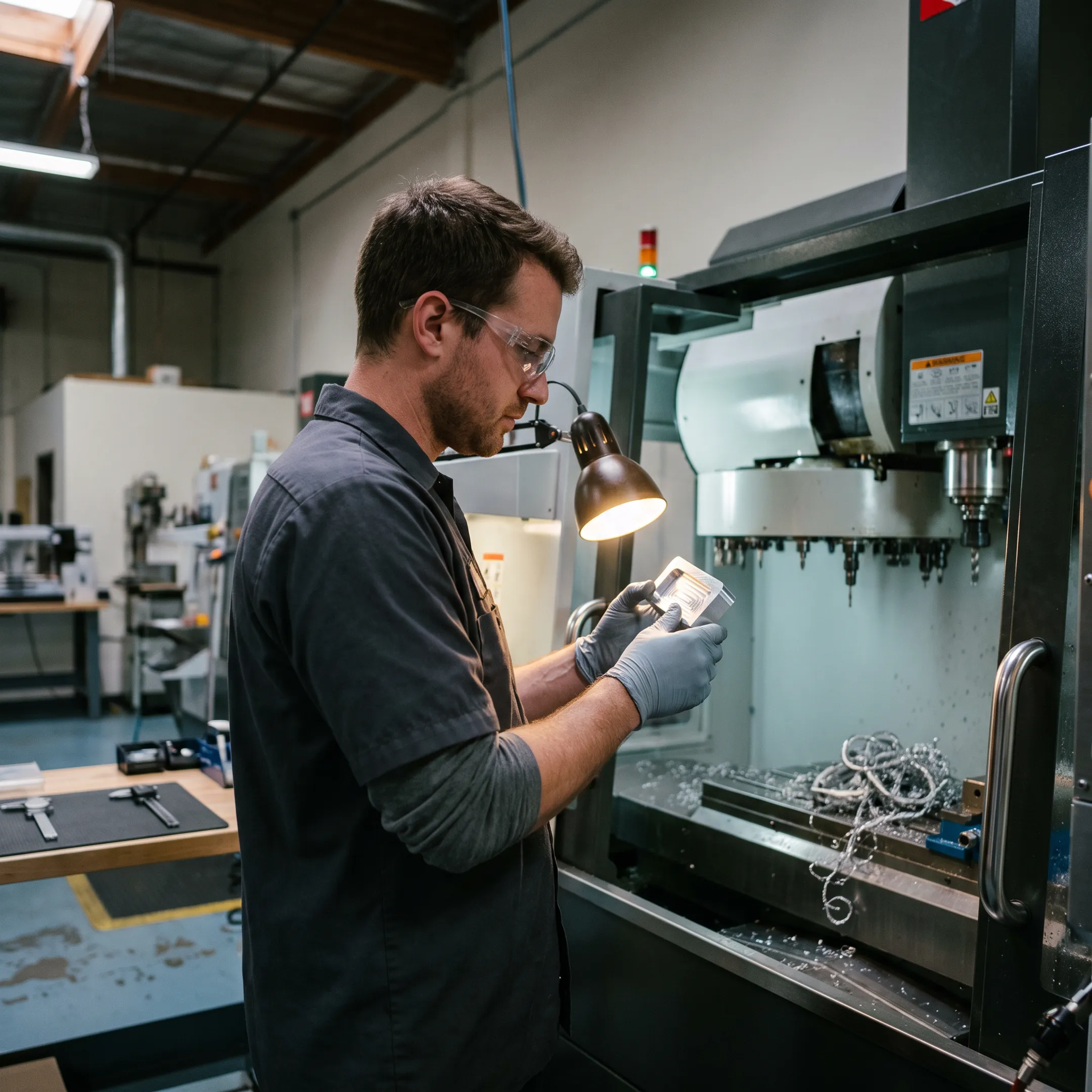 Technician inspecting a custom machined metal component