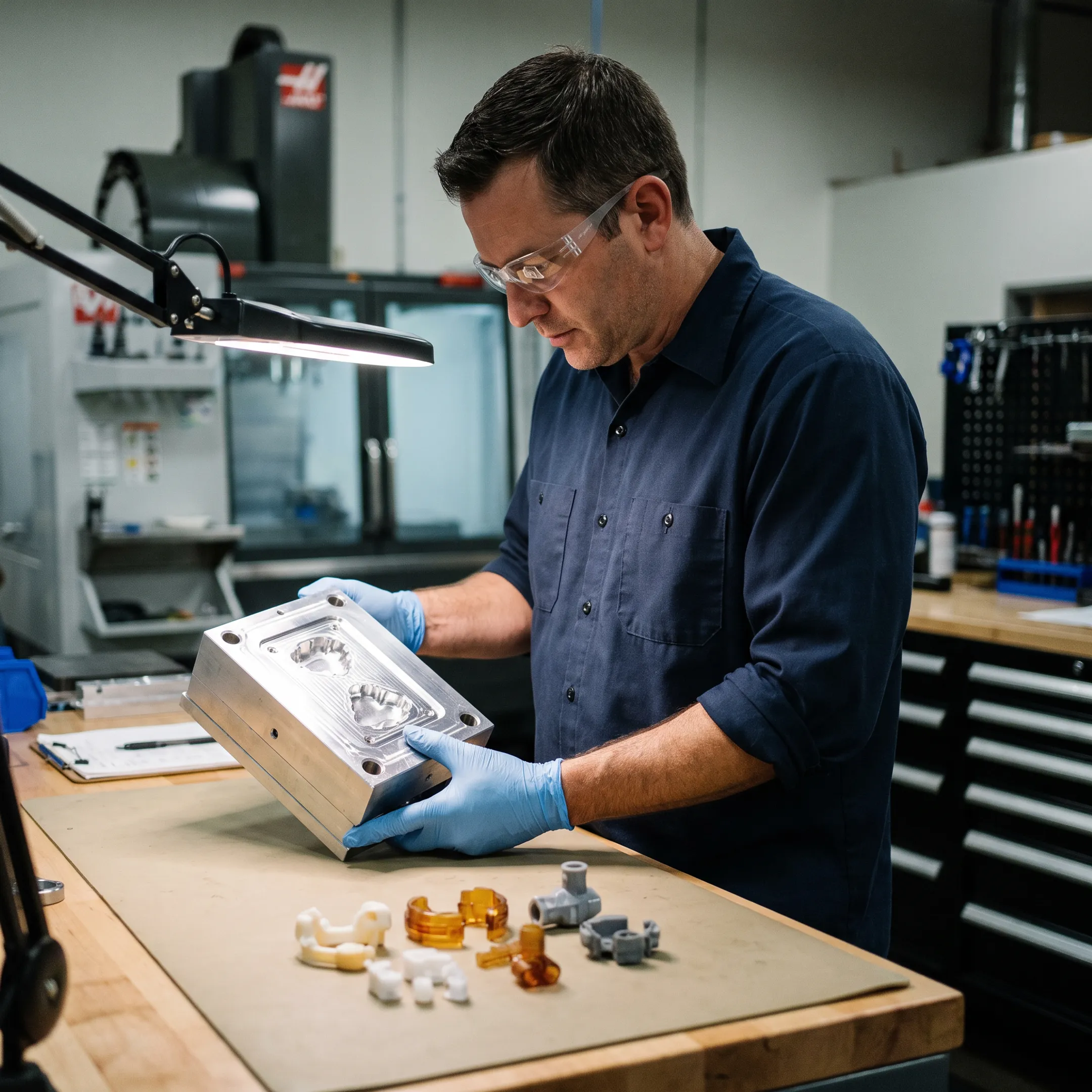 Technician inspecting a custom mold and prototype component
