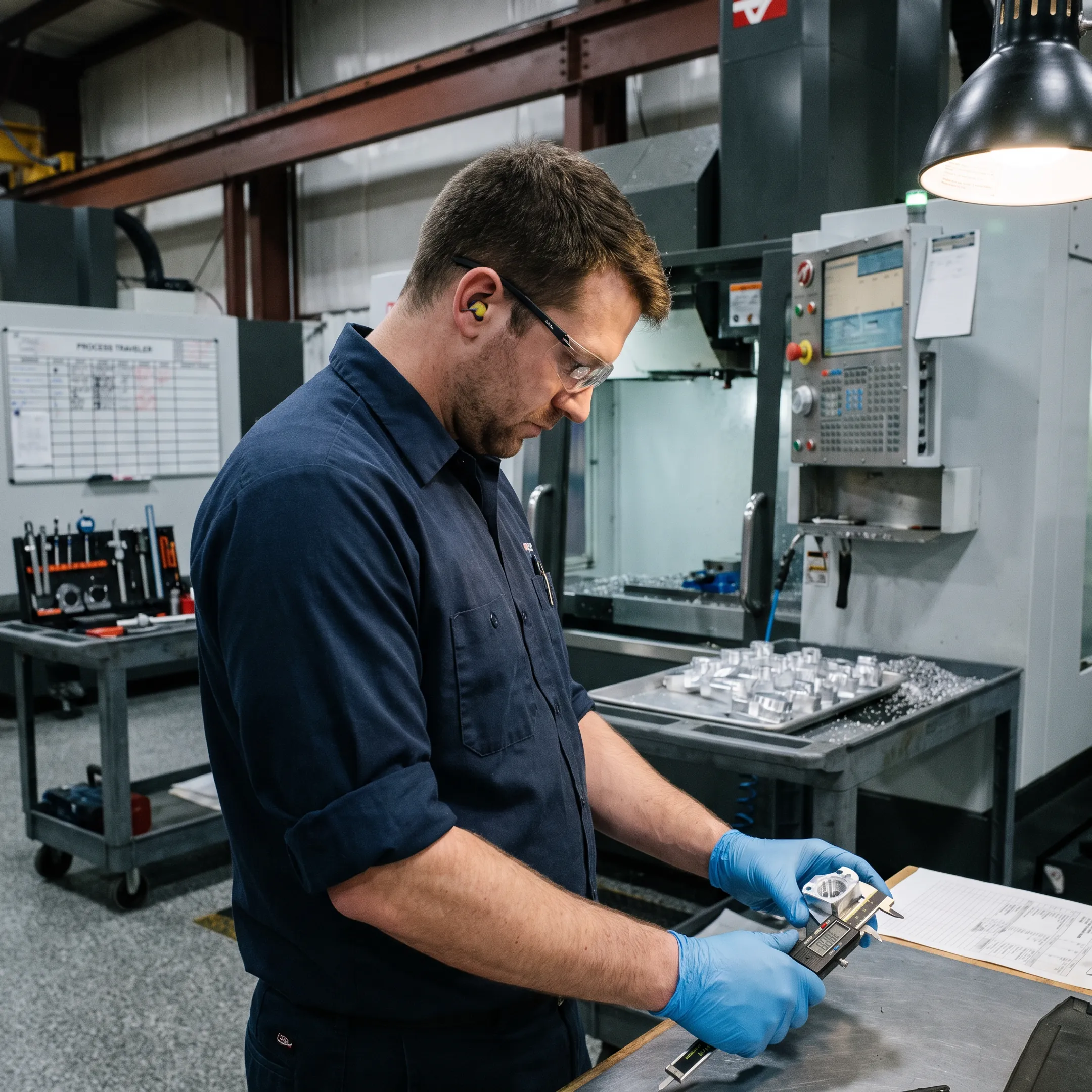 Technician inspecting a CNC machined component