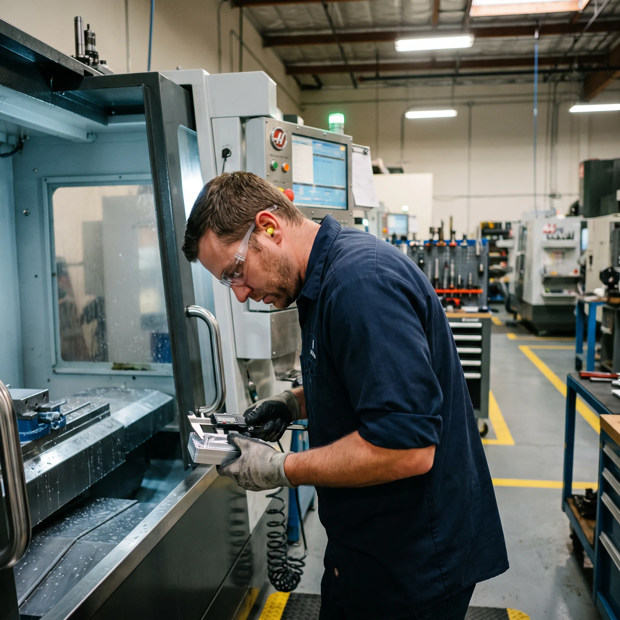 Technician reviewing a CNC machined component