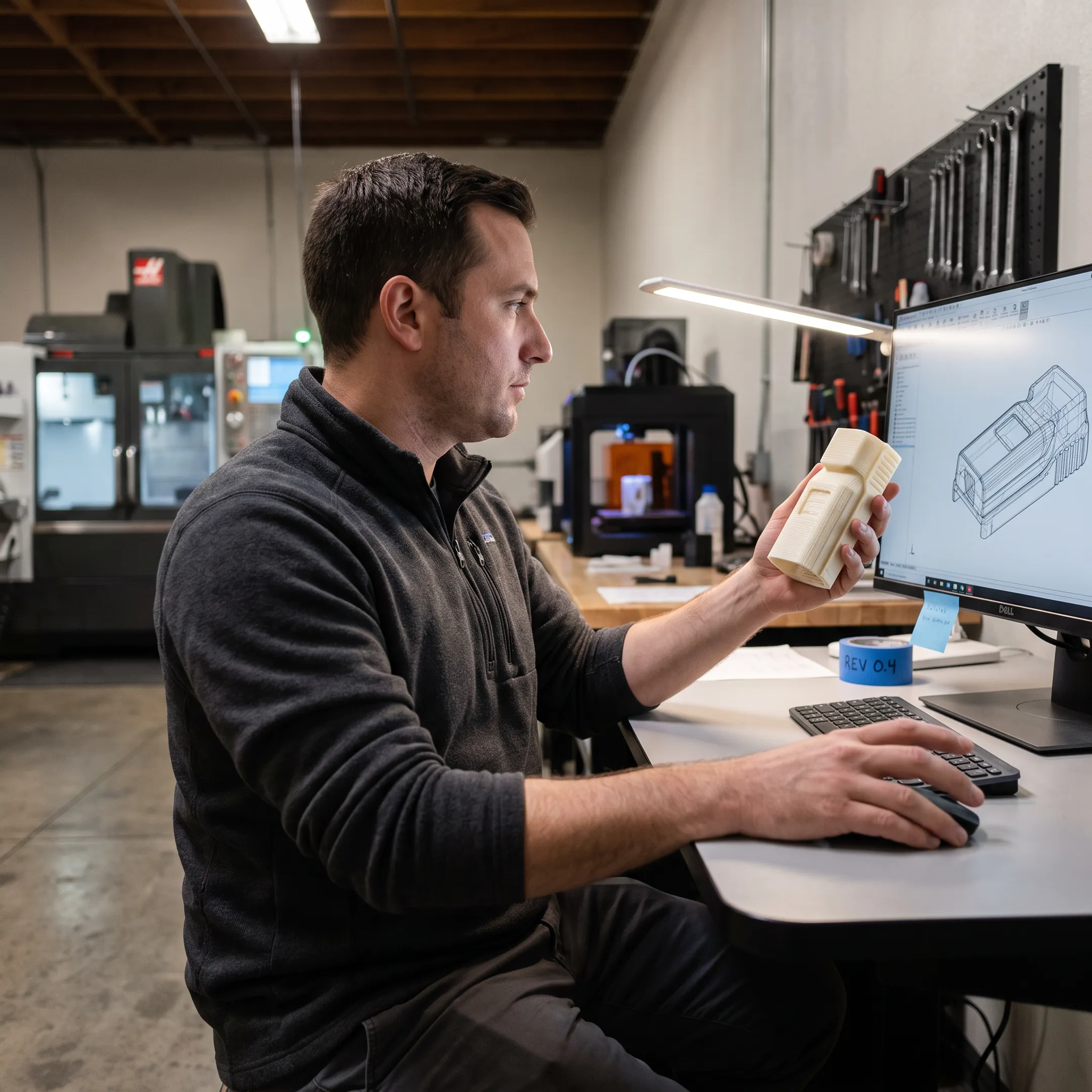 Engineer reviewing a rapid prototype component beside a computer-aided design model