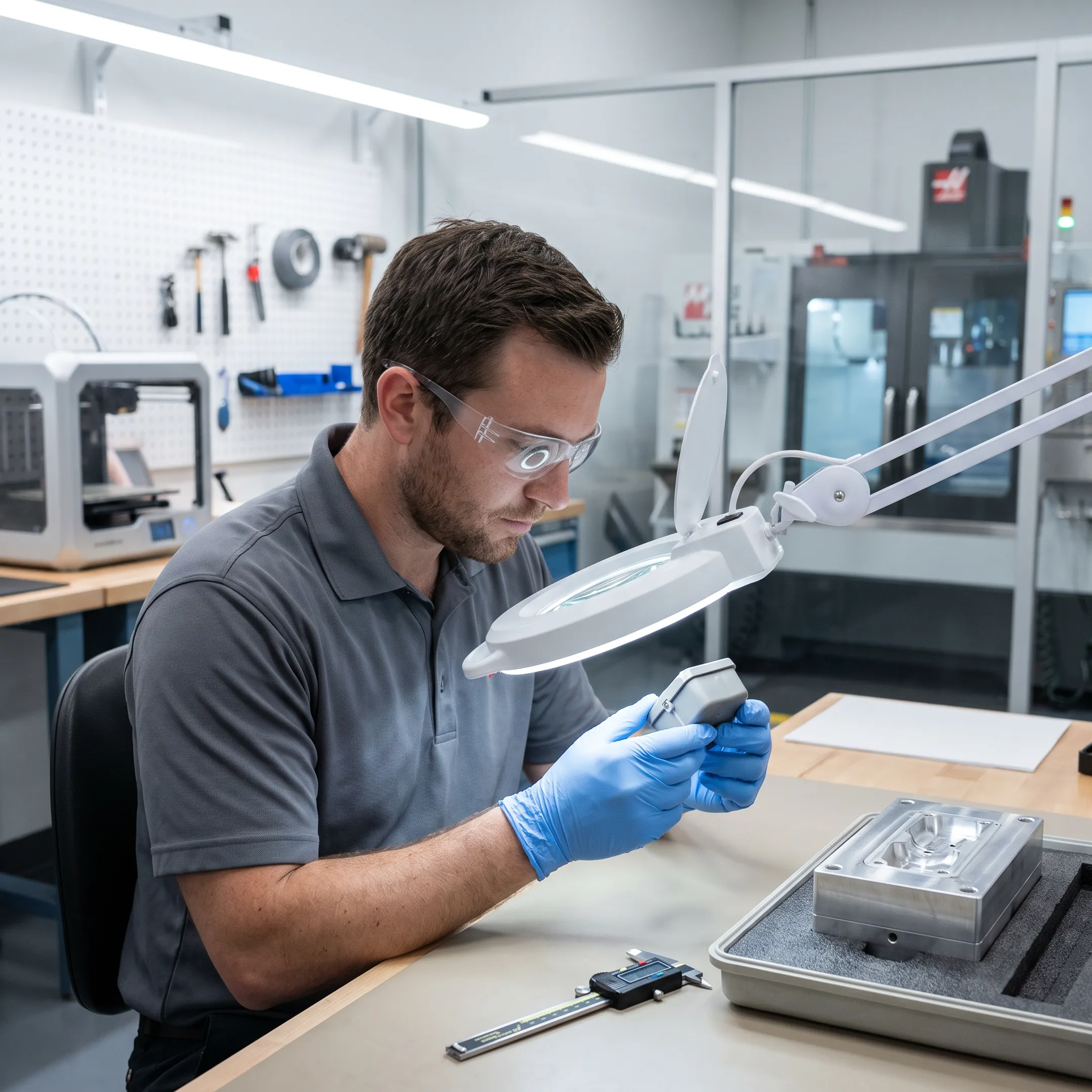 Technician inspecting a custom moulded component