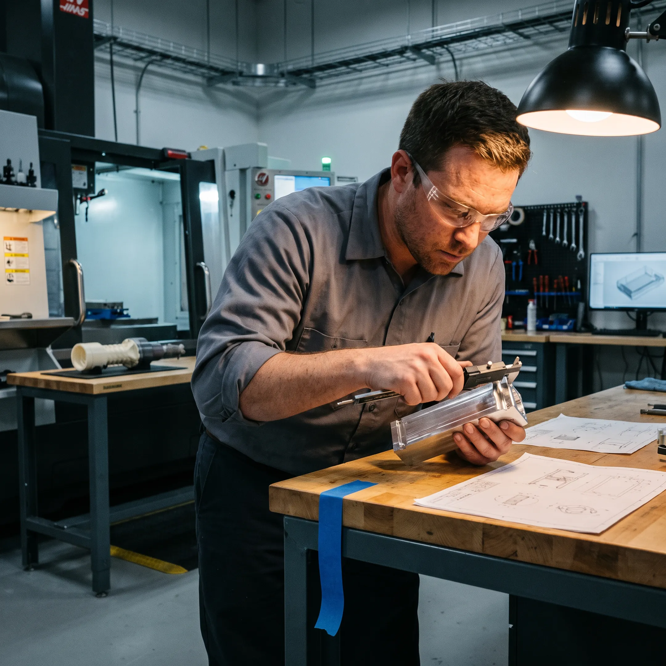Technician reviewing a custom machined prototype