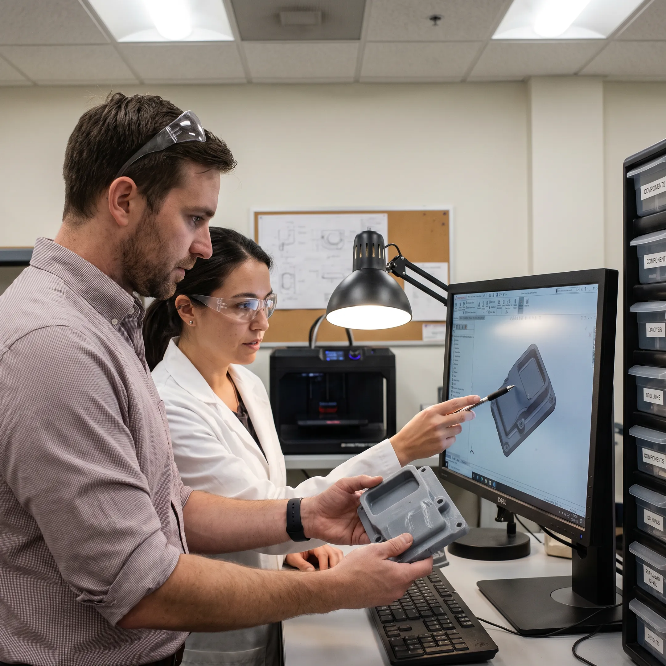 Manufacturing team reviewing a prototype and digital design