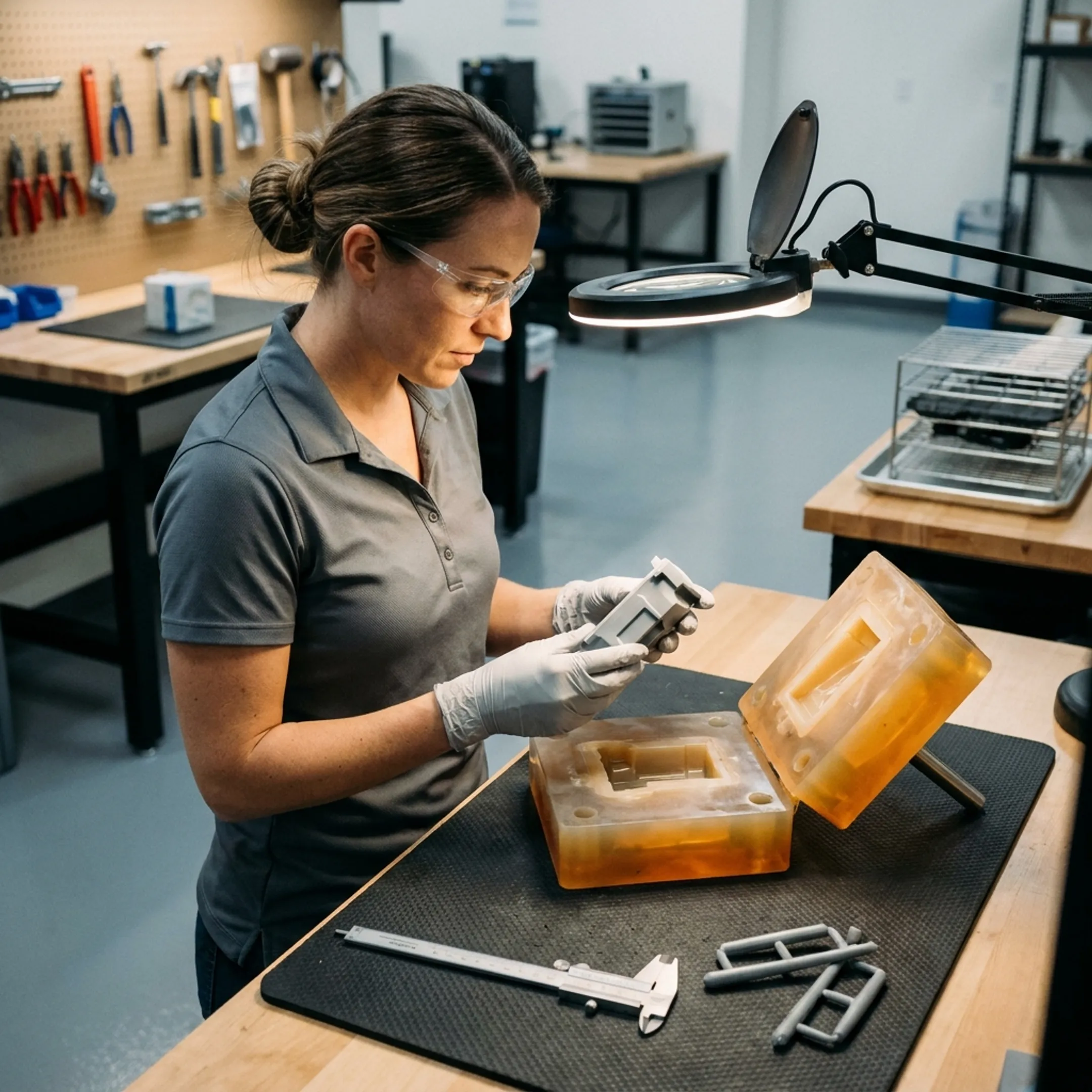 Technician inspecting a urethane casting and silicone mold
