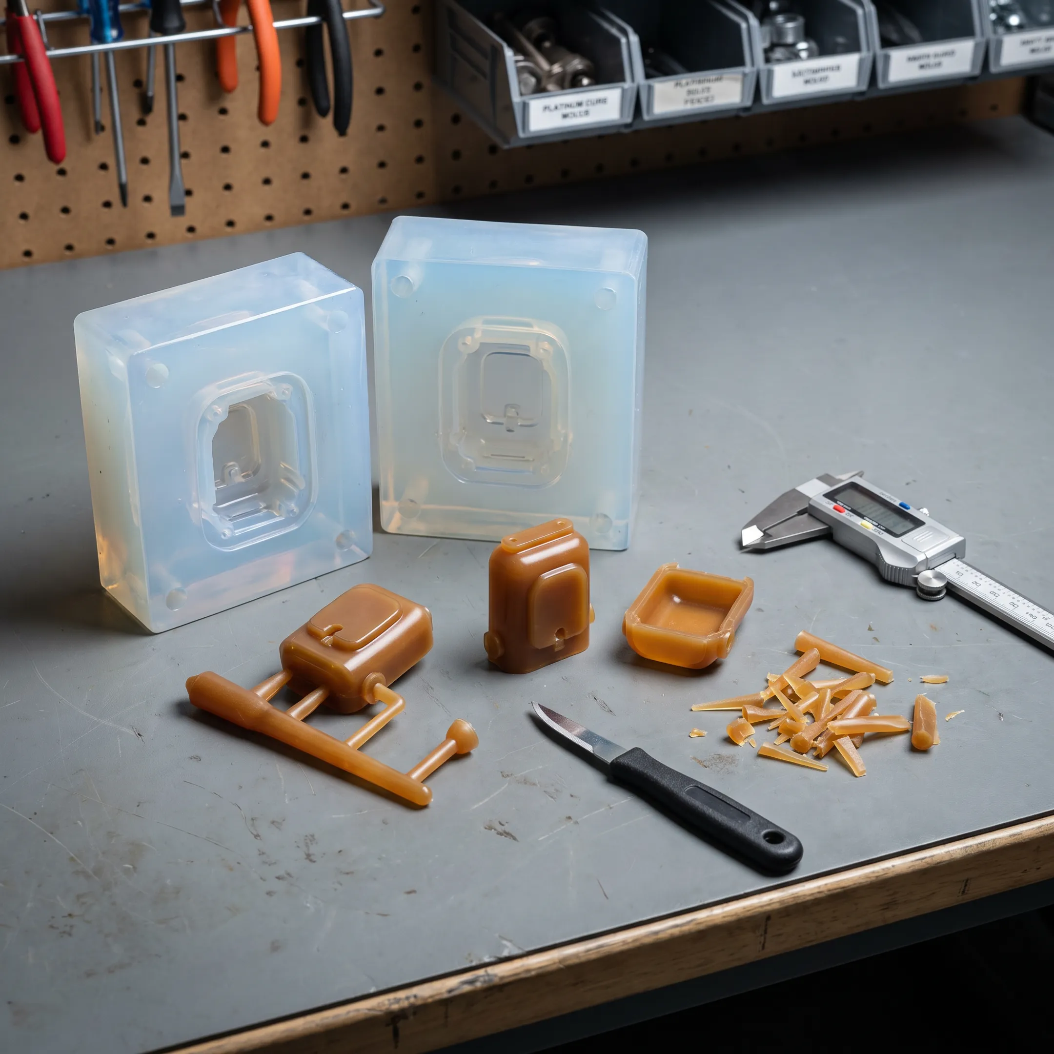 Urethane cast prototype components beside silicone molds