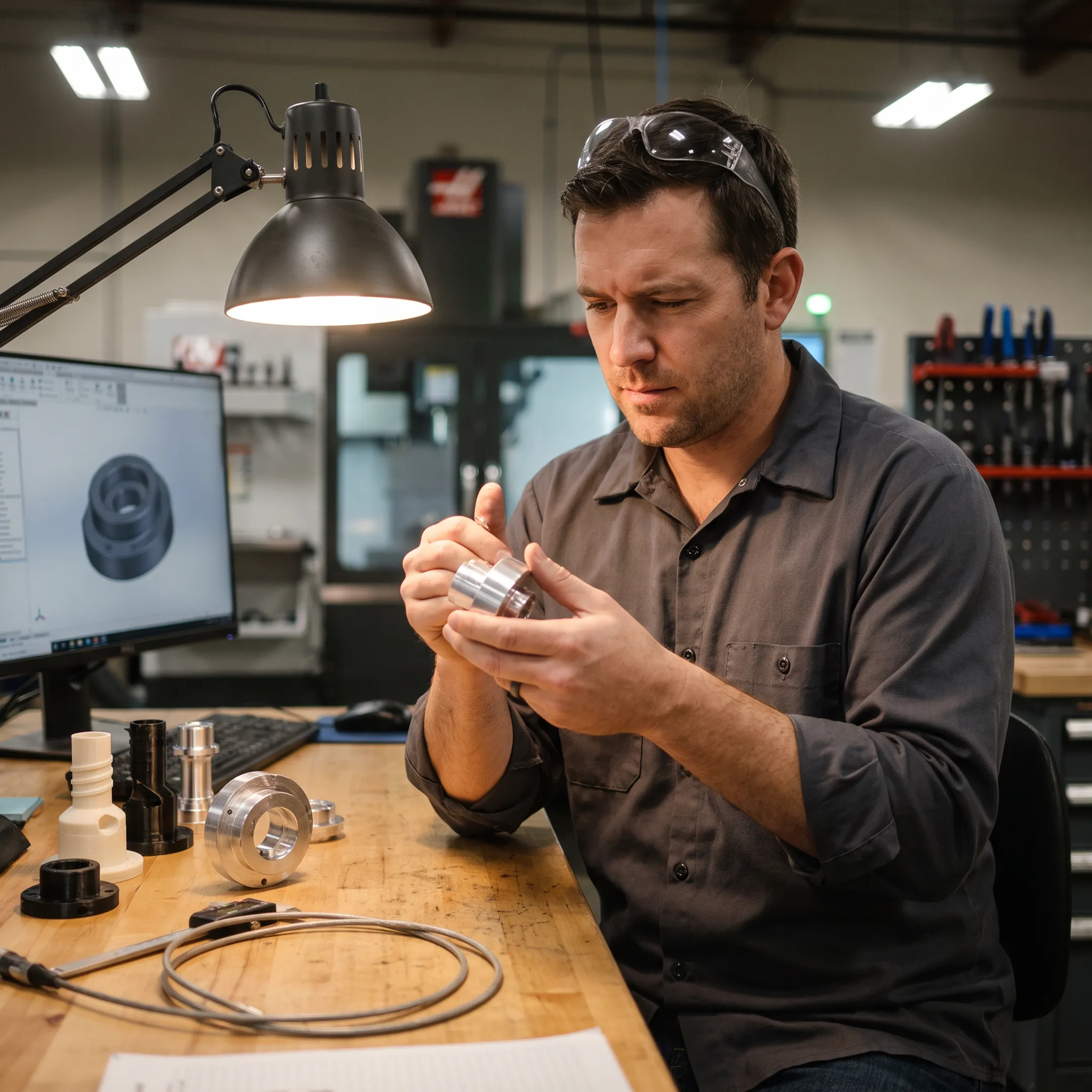 Engineer examining a machined tooling component beside a CAD workstation