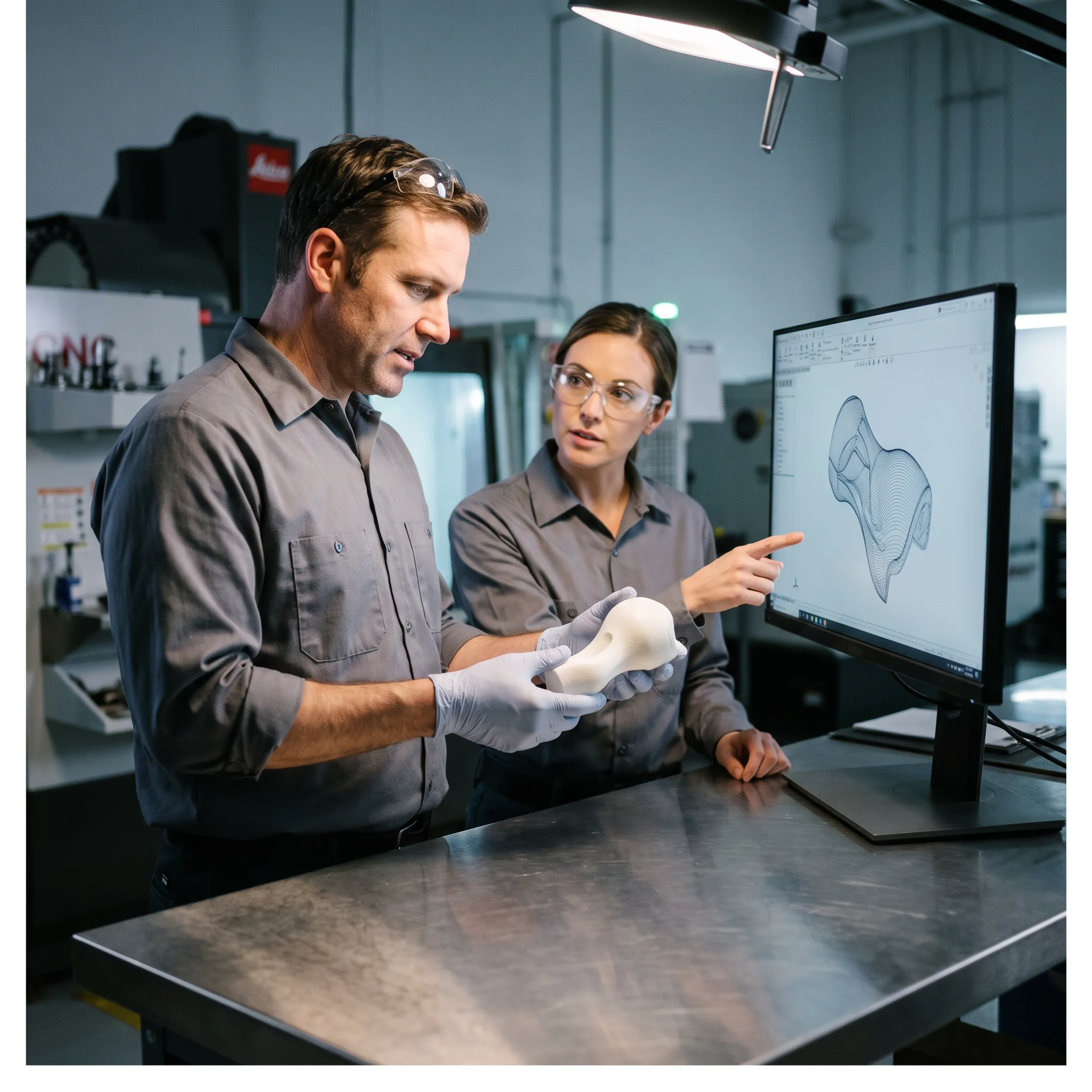 Orthopedic product development team reviewing a prototype and digital model