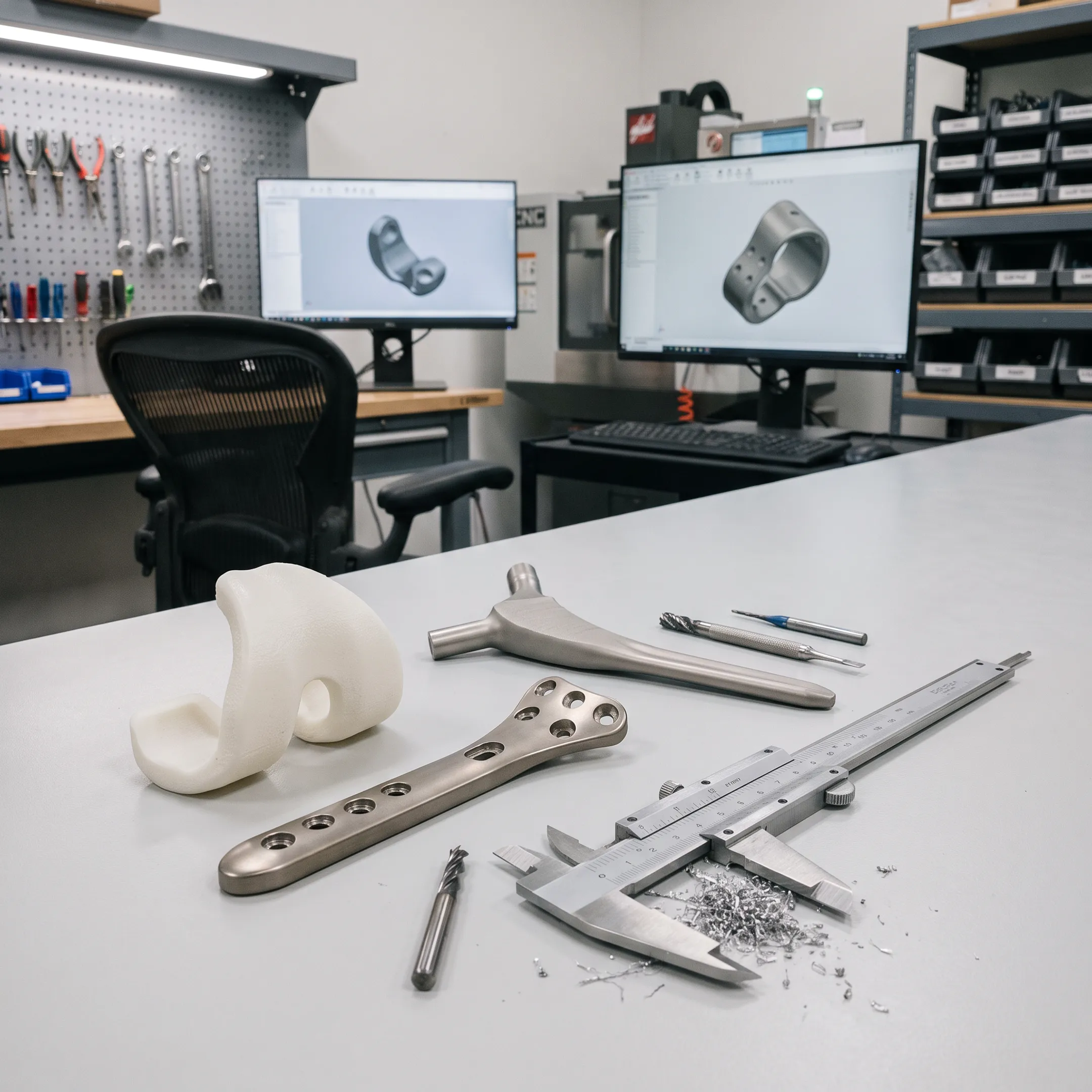 Orthopedic medical product prototype beside CAD workstation and precision manufacturing tools
