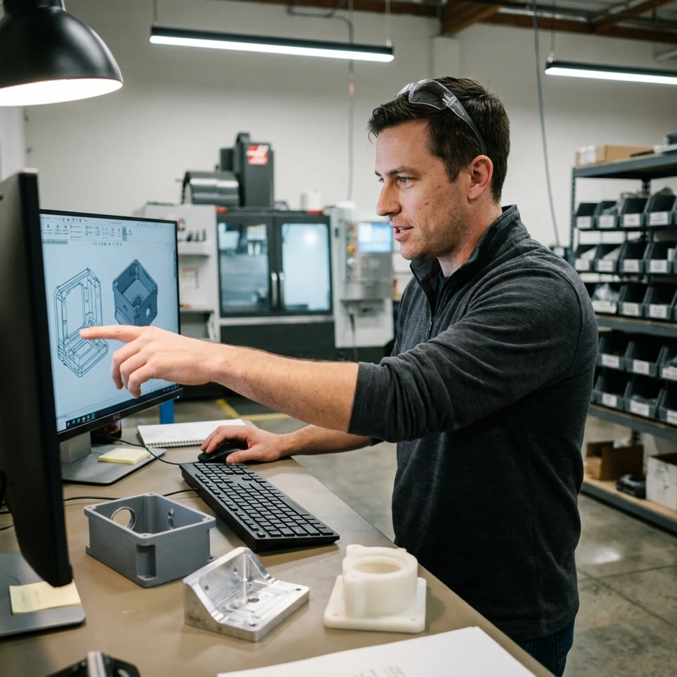 Engineer reviewing a production-ready CAD model on a workstation