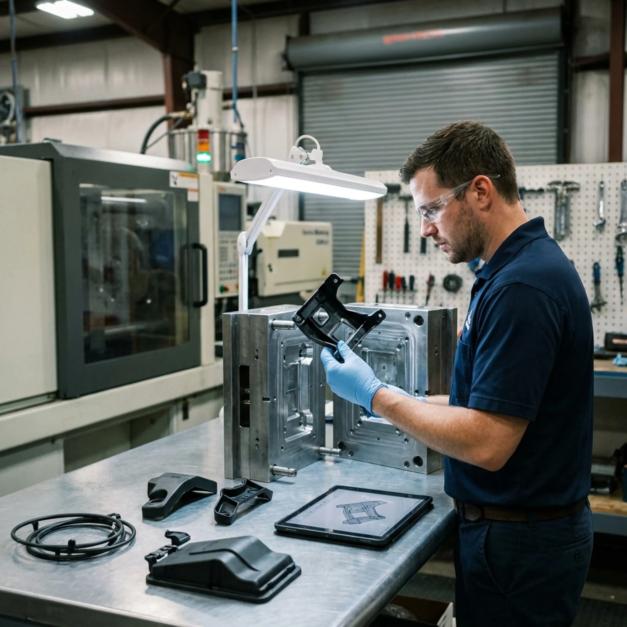 Technician reviewing automotive mold tooling and plastic parts