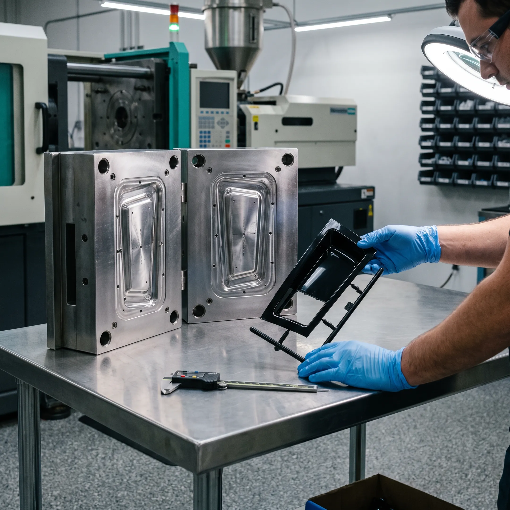 Automotive plastic injection mold and molded component in a manufacturing facility