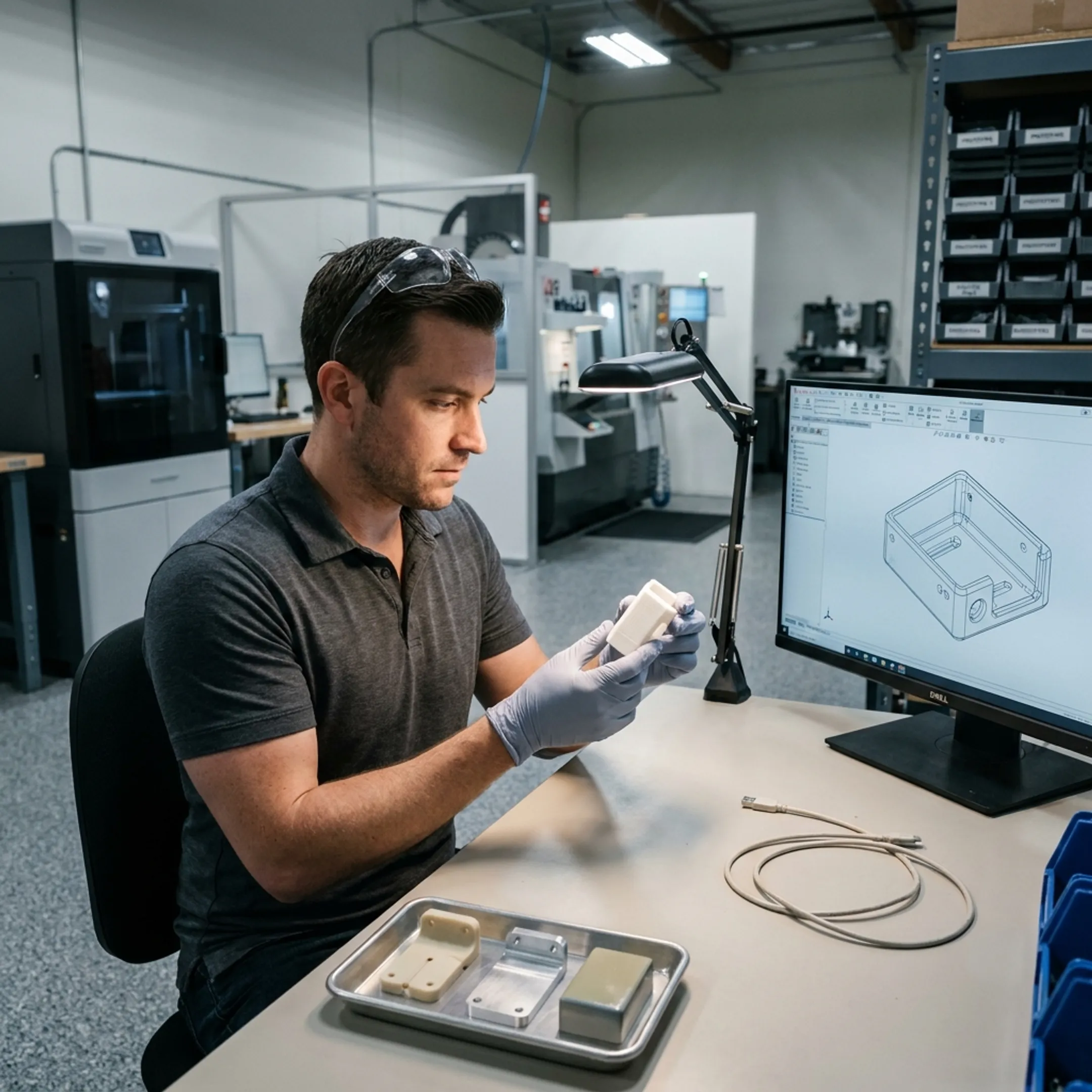 Engineer reviewing miniature prototype components beside a CAD workstation