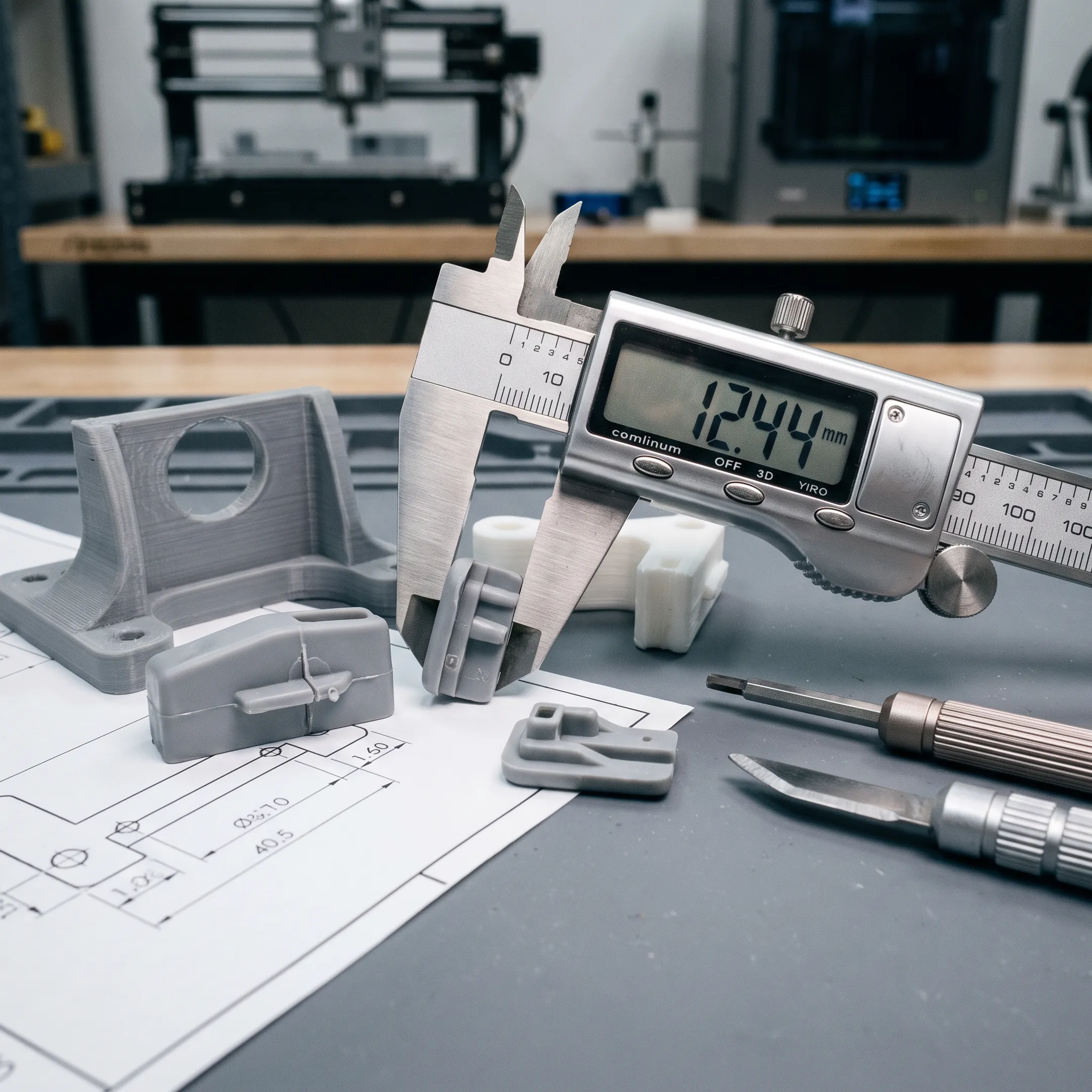 Miniature machined and molded components arranged on a manufacturing workbench