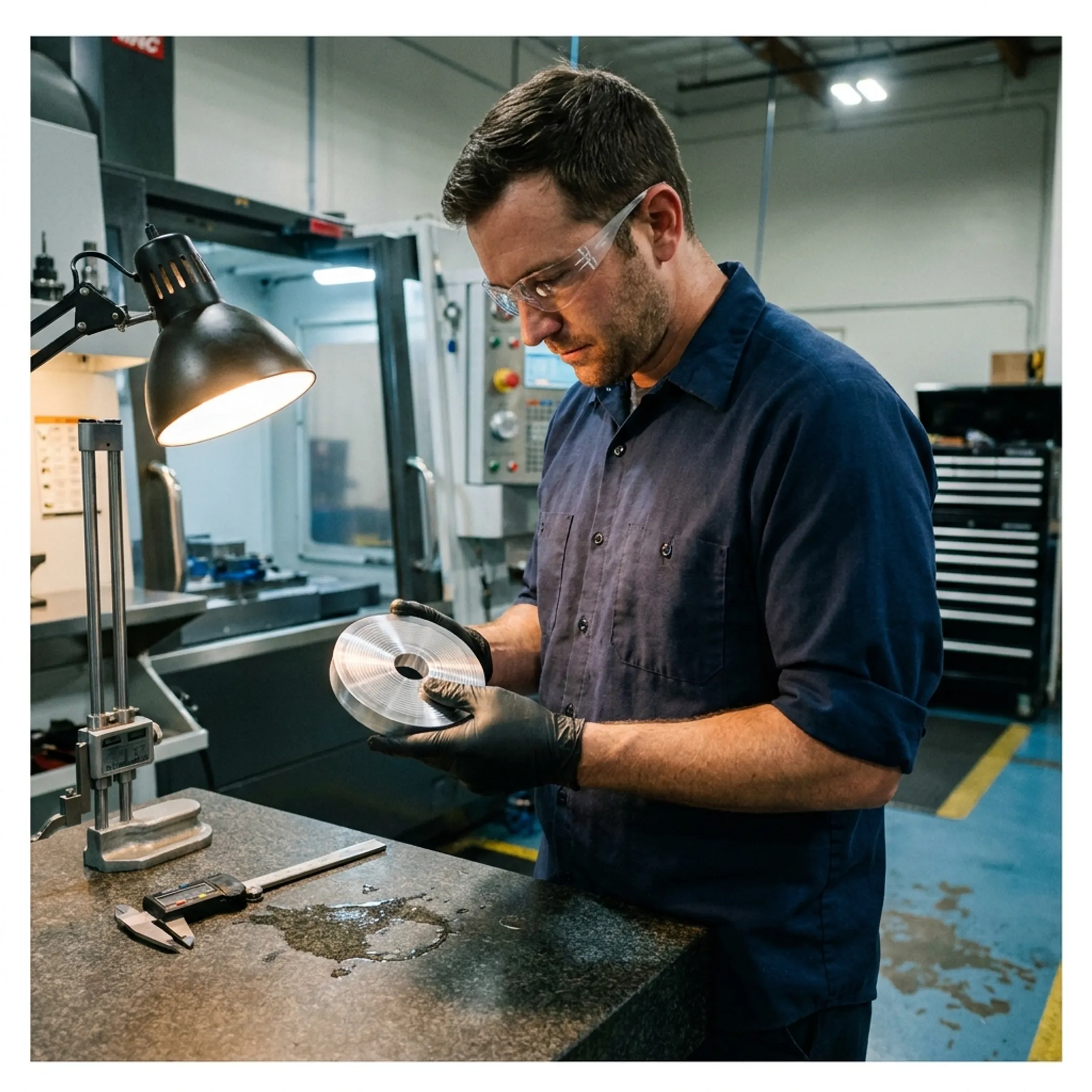 Technician inspecting a precision machined component