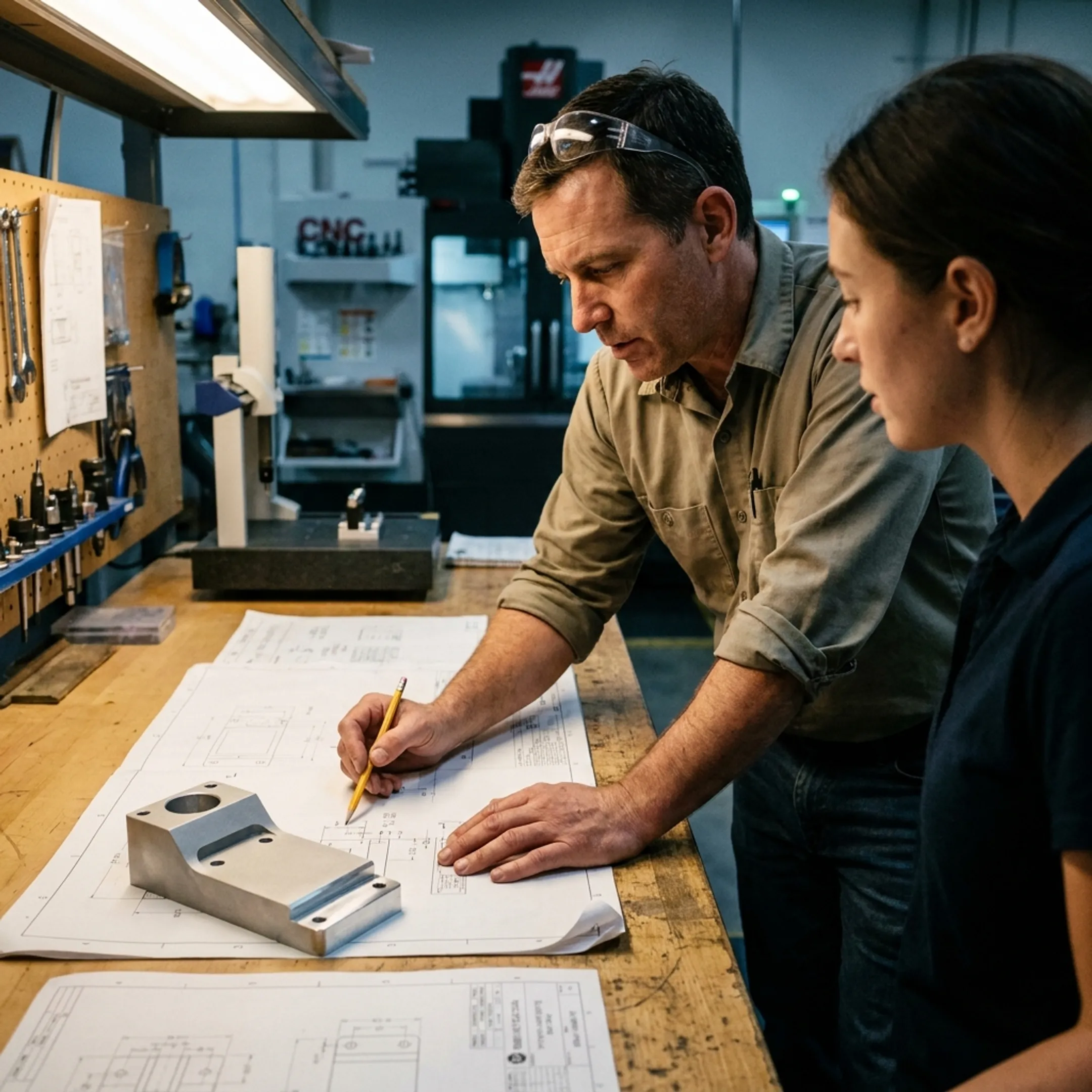 Engineer reviewing a machined prototype component with product drawings