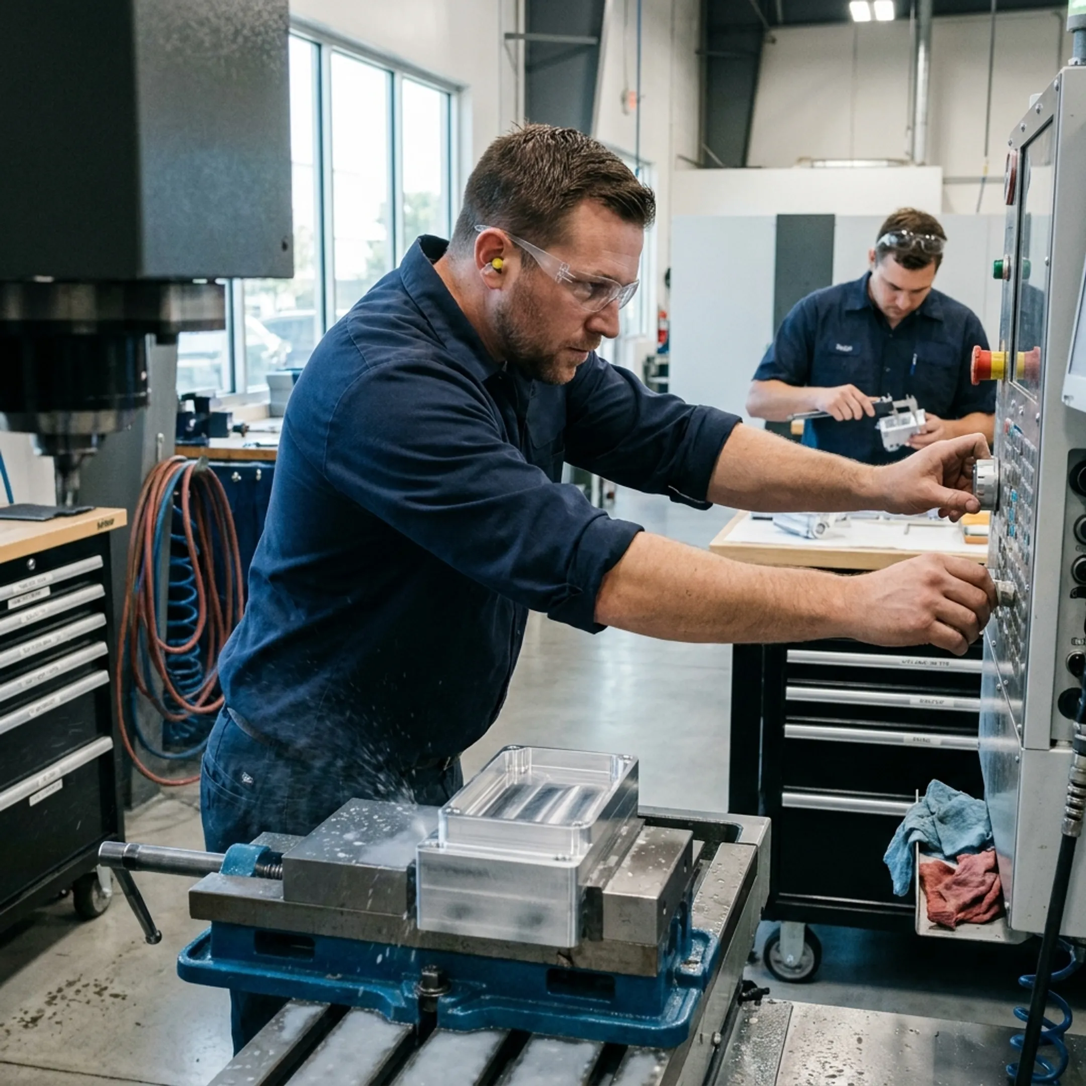Technician machining a prototype component in a California manufacturing facility
