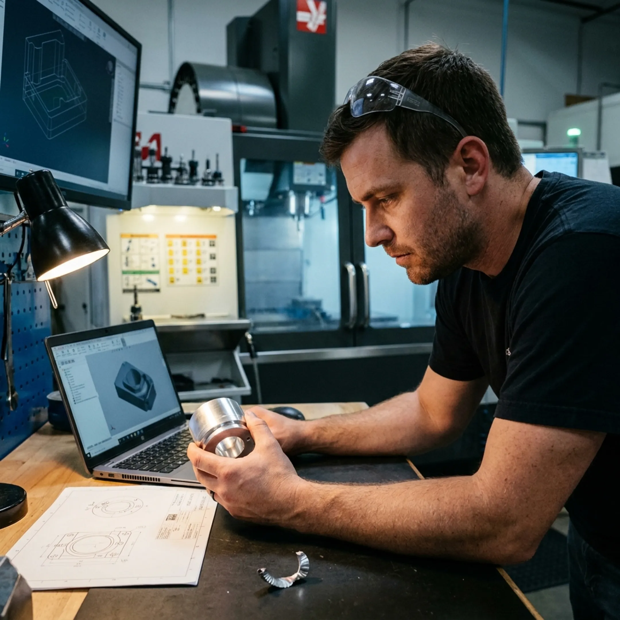 Engineer reviewing a custom machined metal component