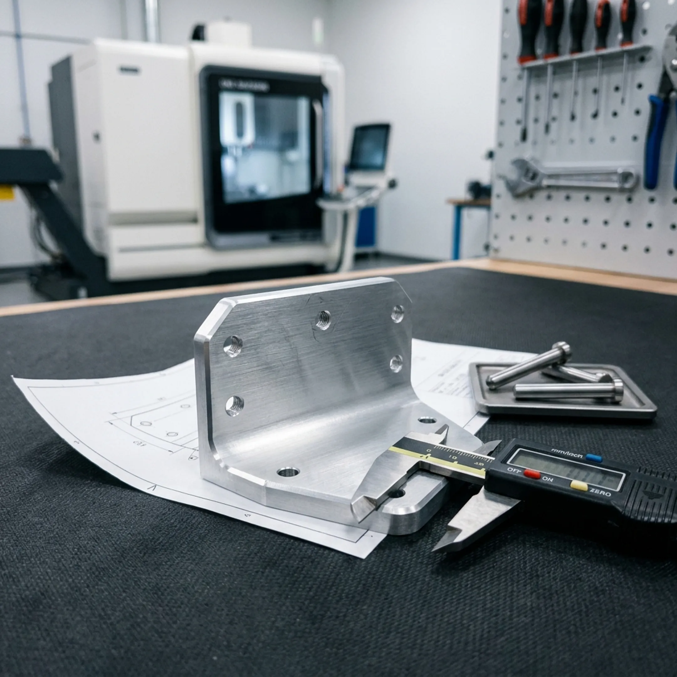 Machined metal bracket component on a workbench