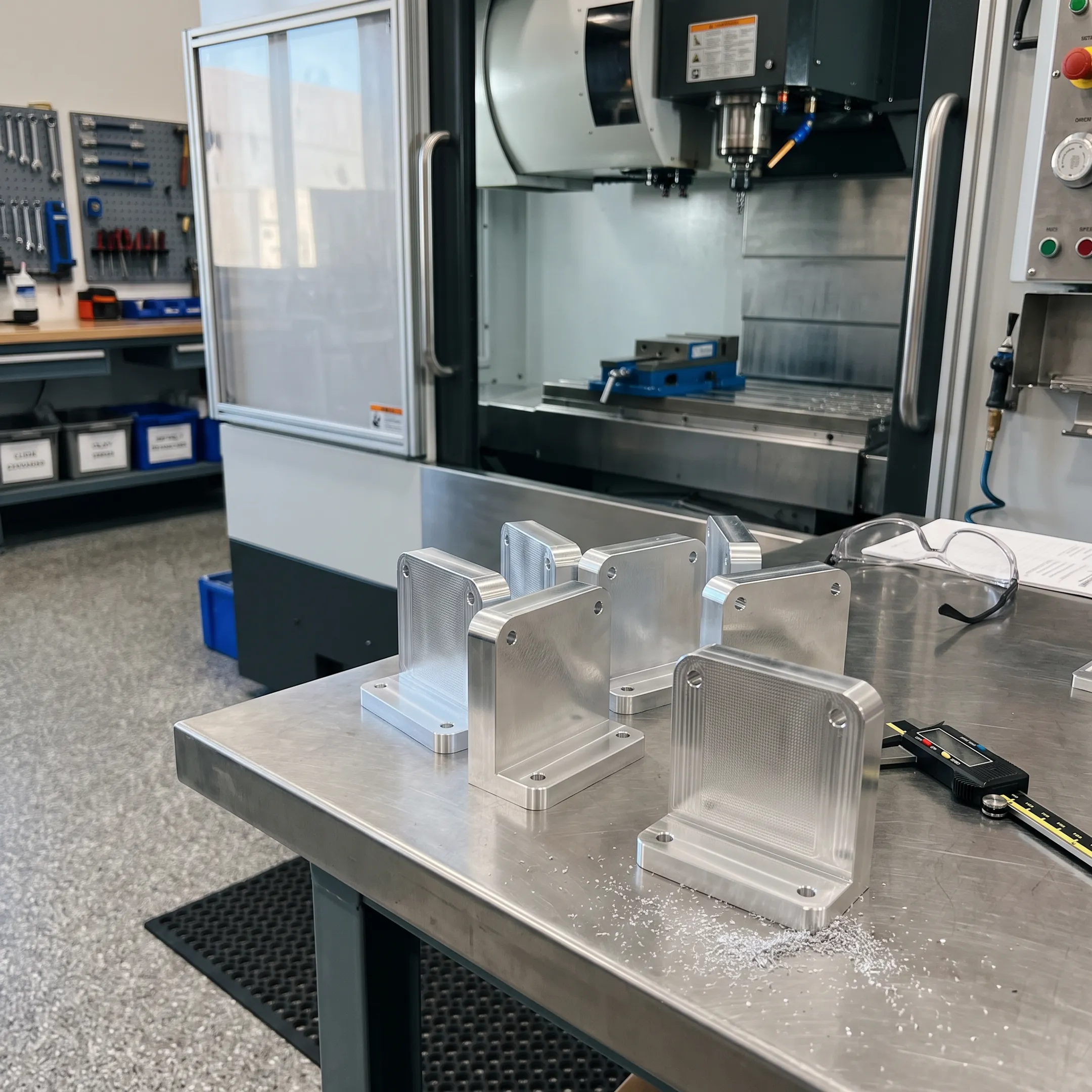 Custom metal bracket beside CNC machining equipment
