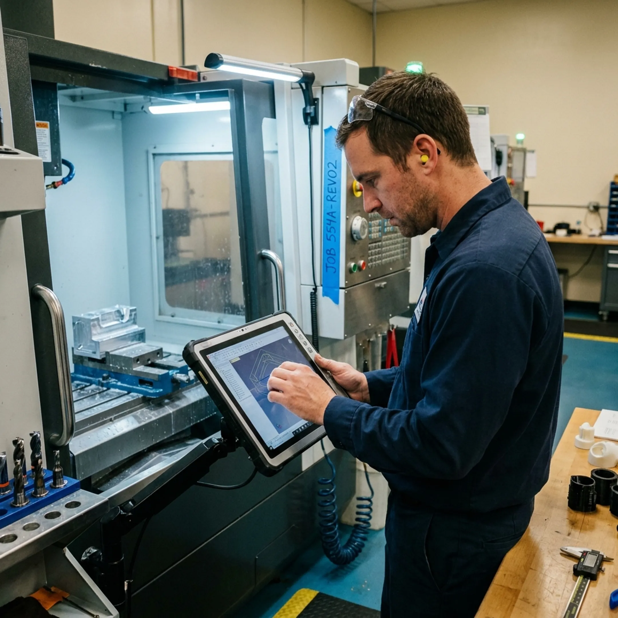 Engineer reviewing a precision tooling design beside a CNC machine